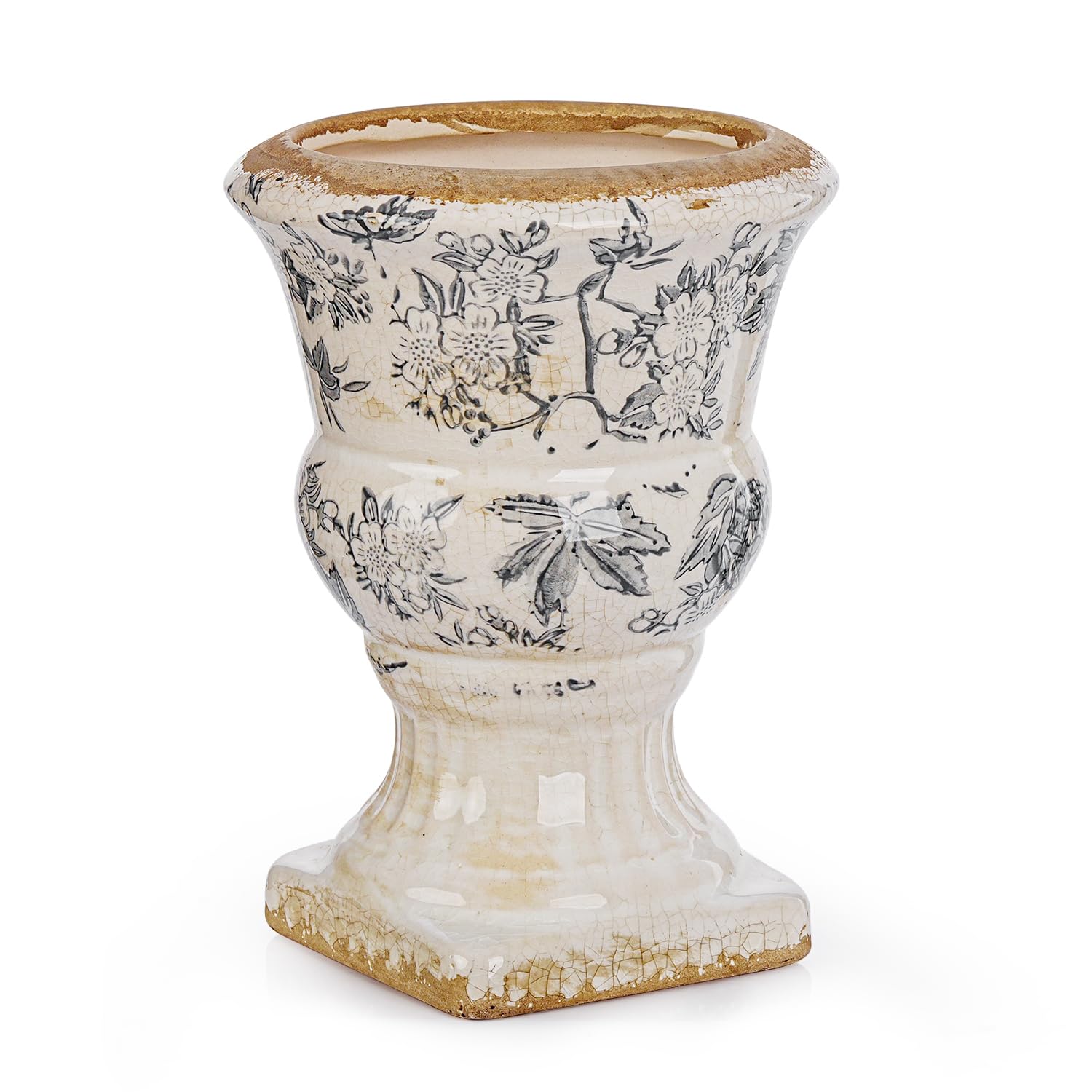 Sungmor Small Ceramic Urn Planter - Pink Scroll Floral Pedestal Flower Pot, Decorative Vintage Chinoiserie Style Planters, Tuscan Accent Vase Indoor Outdoor Plant Holder with Drainage