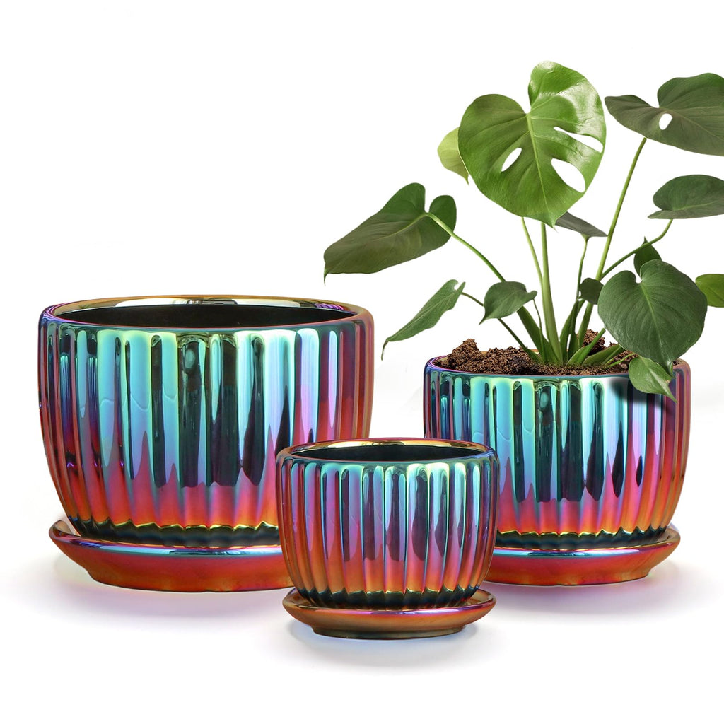 Ton Sin Pink Gold Ceramic Flower Pots, 4"+5"+6" Inch Small Glazed Succulent Planters with Drainage Hole,Modern Indoor Decorative Plant Pots Set of 3,Garden Pots with Saucer