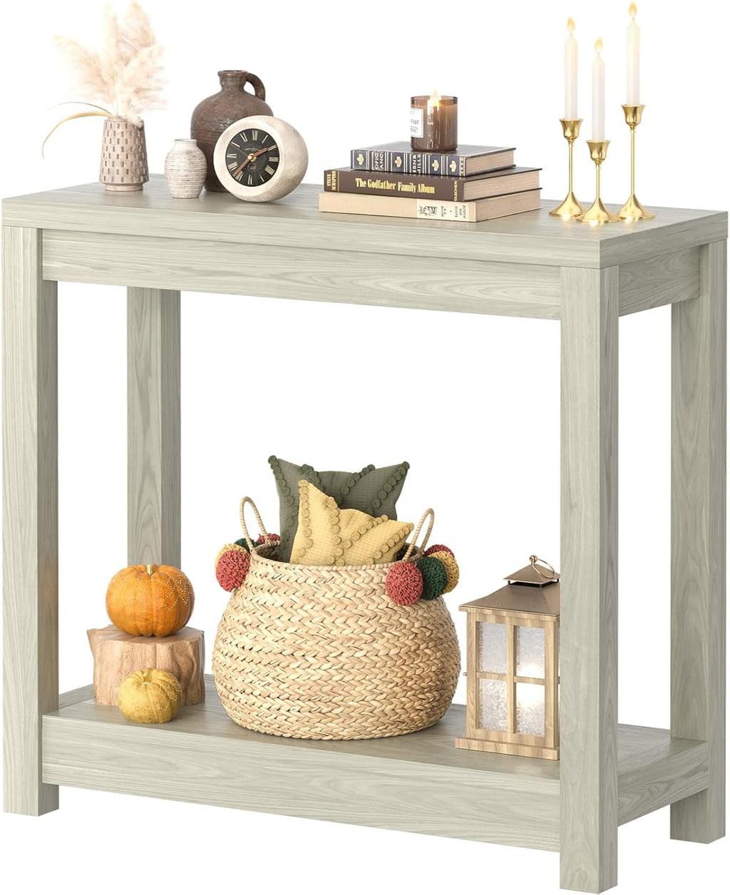 32" Washed Oak Farmhouse Narrow Console Table with Open Storage for Entryway Behind Sofa, Easy Assembly