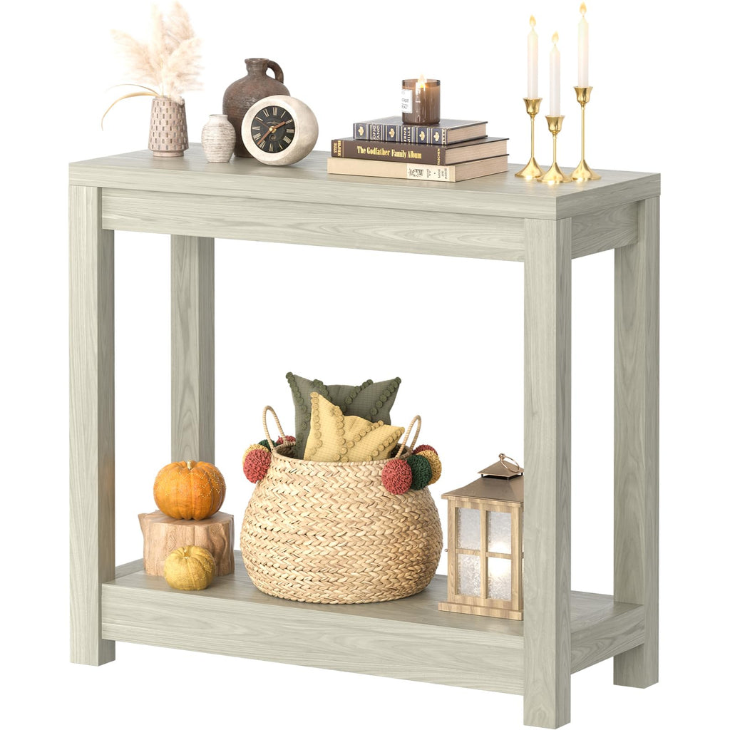 32" Washed Oak Farmhouse Narrow Console Table with Open Storage for Entryway Behind Sofa, Easy Assembly