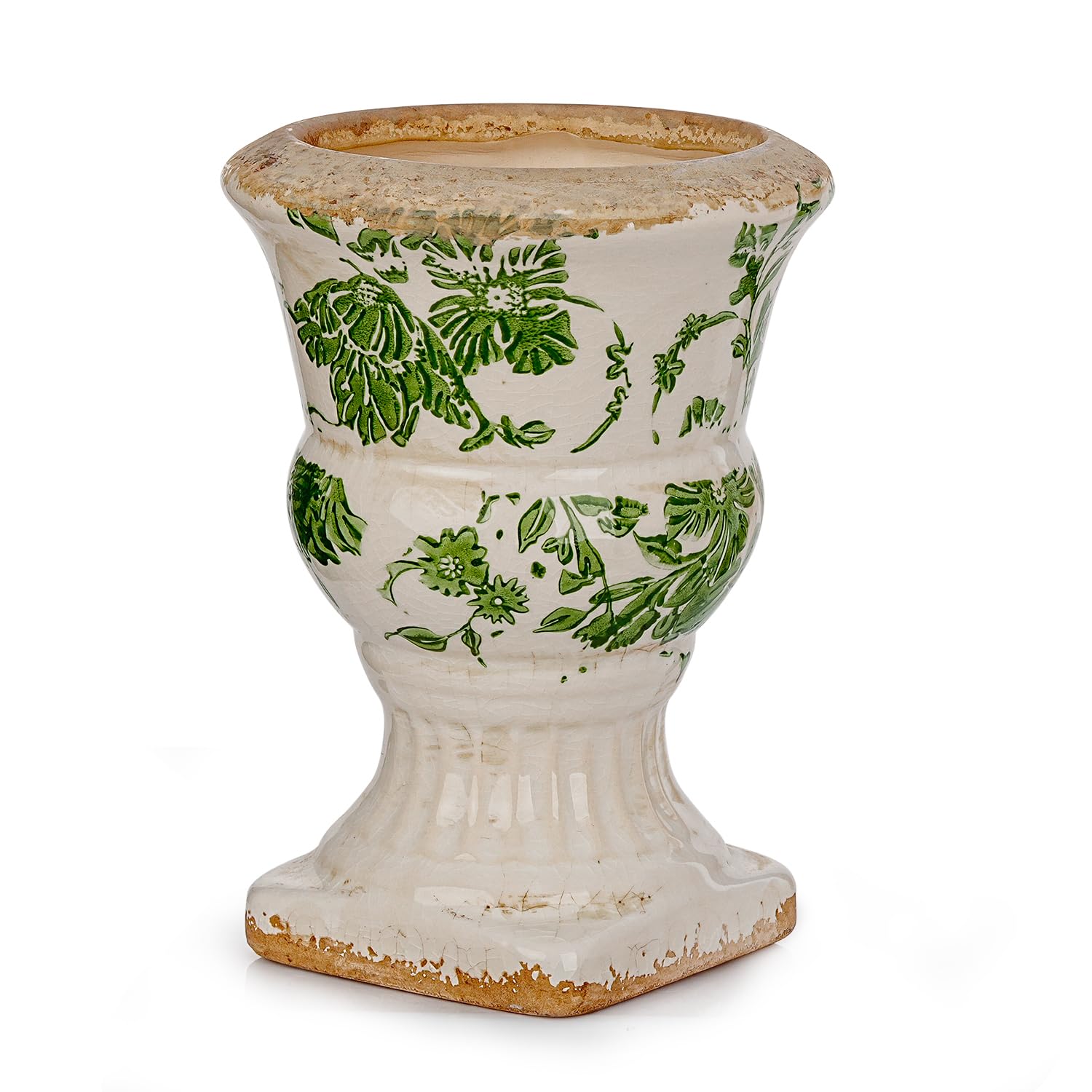 Sungmor Small Ceramic Urn Planter - Pink Scroll Floral Pedestal Flower Pot, Decorative Vintage Chinoiserie Style Planters, Tuscan Accent Vase Indoor Outdoor Plant Holder with Drainage
