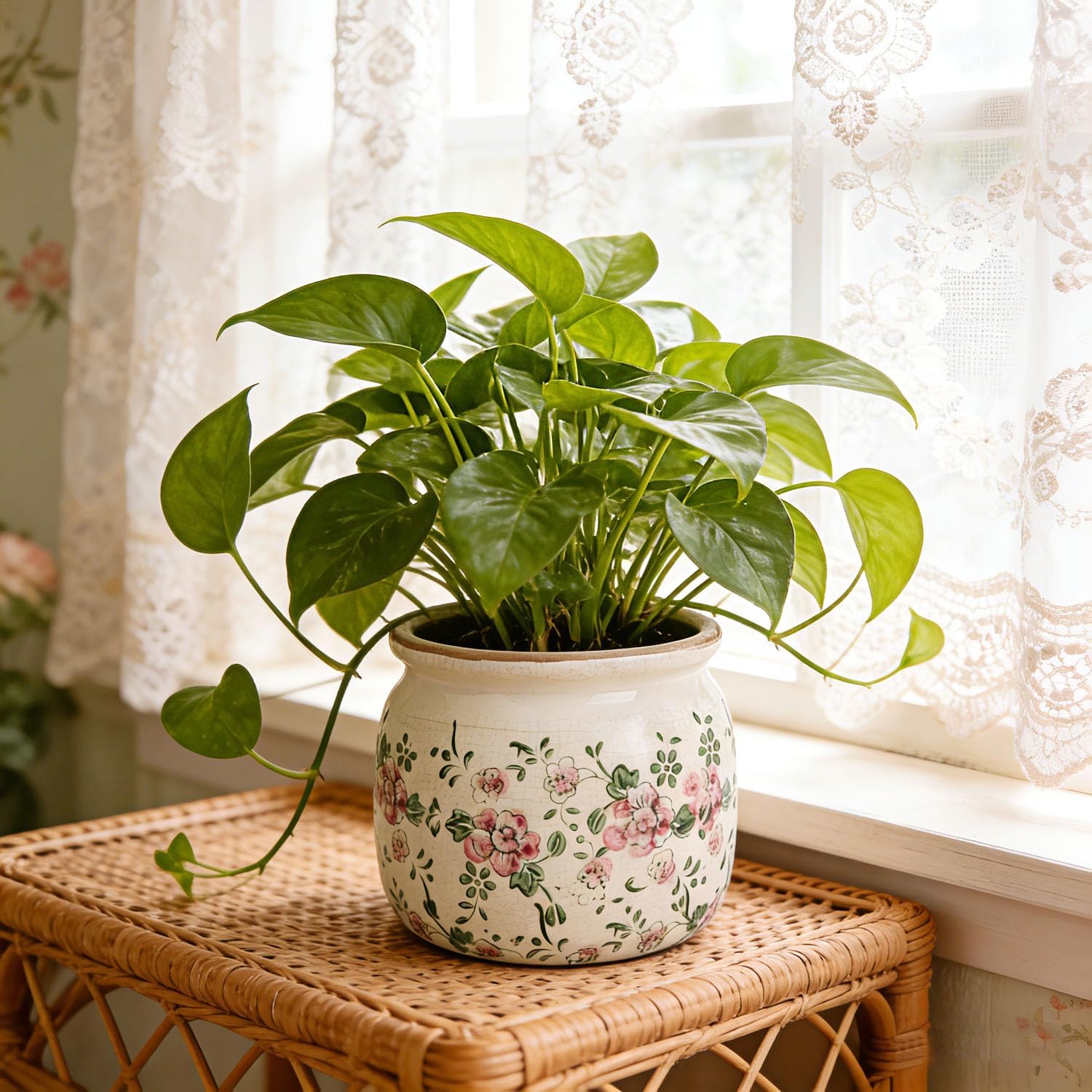 Flower Pots Planters for Indoor Plants Ceramic Plant Pots with Drainage 6.1 Inch Vintage Ceramic Pots for Plants Outdoor Home Garden Decor, Rustic Pink Camellia