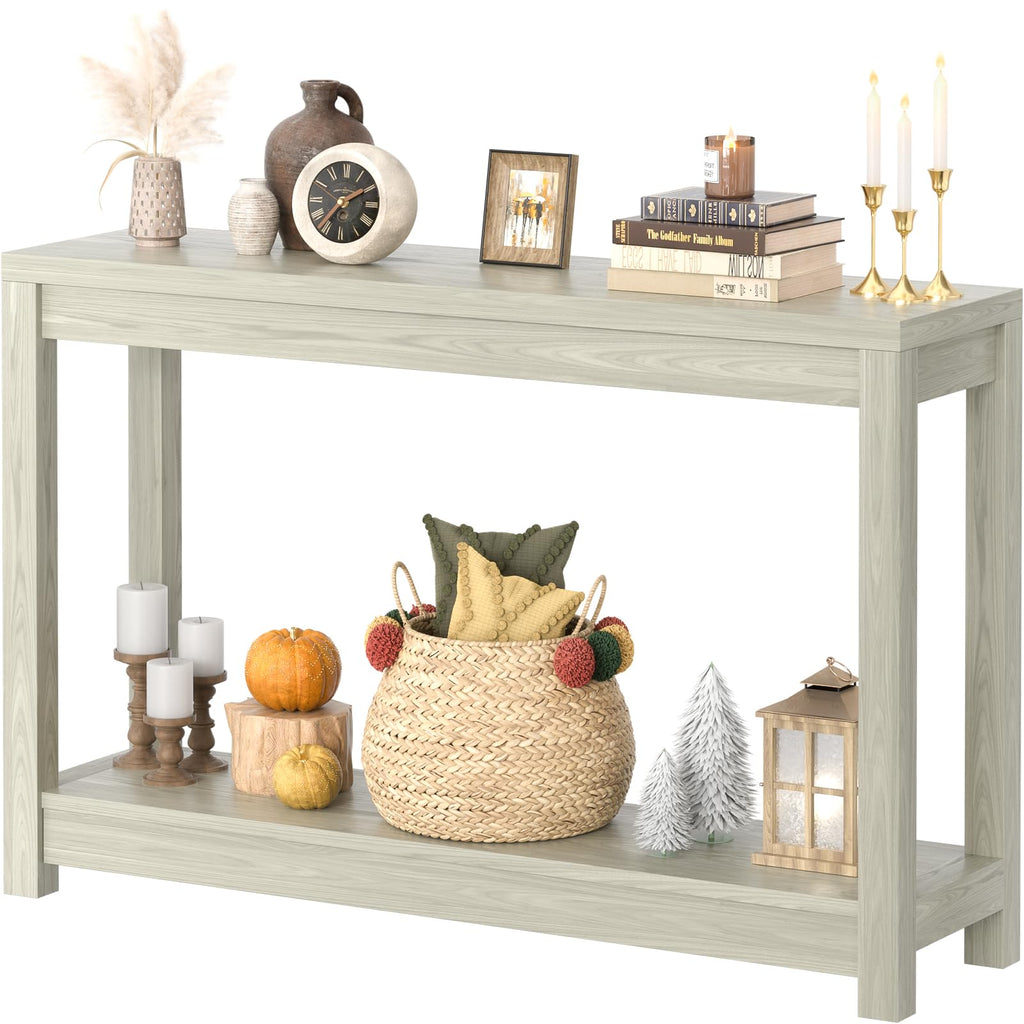 32" Washed Oak Farmhouse Narrow Console Table with Open Storage for Entryway Behind Sofa, Easy Assembly