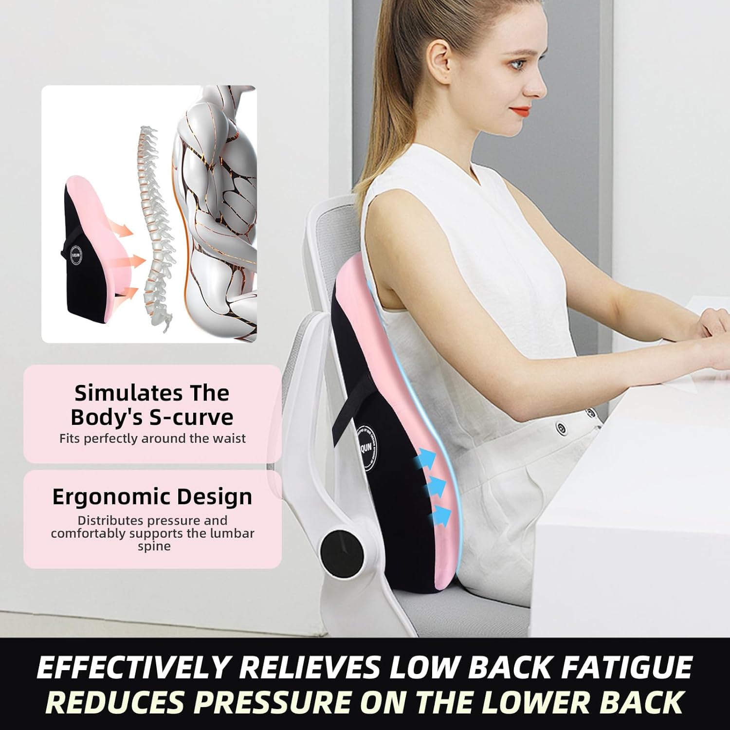 LIQUN Memory Foam Seat Waist Pillow, for Office Chair, Car, Game Chair Lower Back Pain Relief and Improve Posture Lumbar Support Pillow, (Black)
