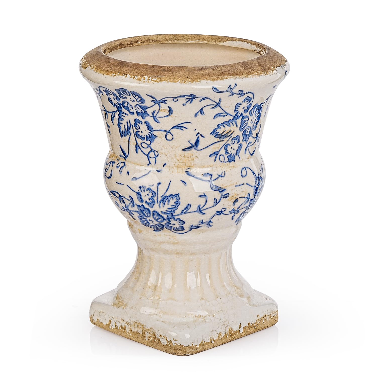 Sungmor Small Ceramic Urn Planter - Pink Scroll Floral Pedestal Flower Pot, Decorative Vintage Chinoiserie Style Planters, Tuscan Accent Vase Indoor Outdoor Plant Holder with Drainage