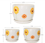 Ton Sin Ceramic Plant Pots for Indoor Houseplants, Cute Decorative Flower Planters with Drainage Holes & Matching Saucers, Hand-Painted Yellow Sunflower Design, 6.7/5.5/4.3 Inch Sizes