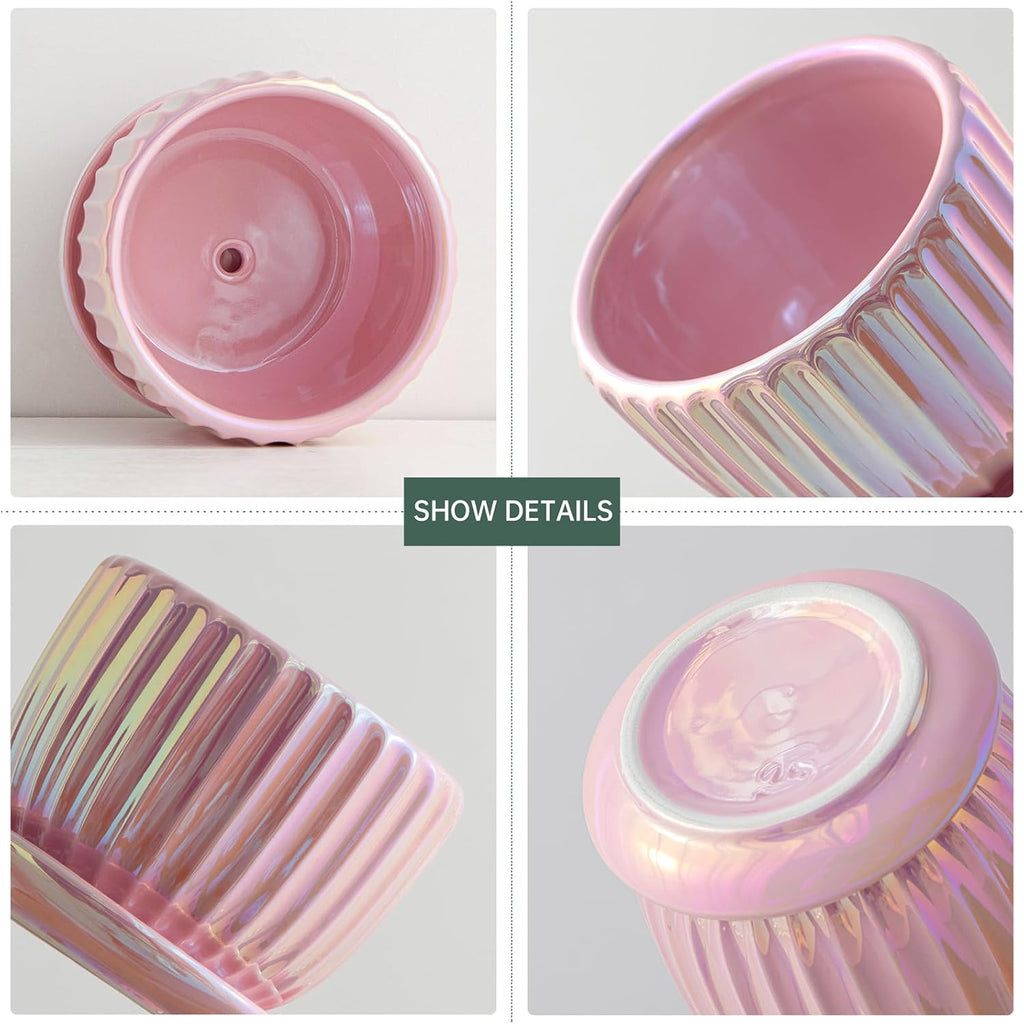 Ton Sin Pink Gold Ceramic Flower Pots, 4"+5"+6" Inch Small Glazed Succulent Planters with Drainage Hole,Modern Indoor Decorative Plant Pots Set of 3,Garden Pots with Saucer