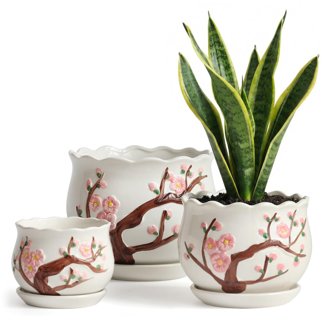 STHIE Pink Ceramic Flower Pots, 4"+5.2"+6.6" Inch Small Flower Pots for Indoor Plant with Drainage Hole,Modern Decorative Plant Pots Set of 3, Indoor Planters with Saucer