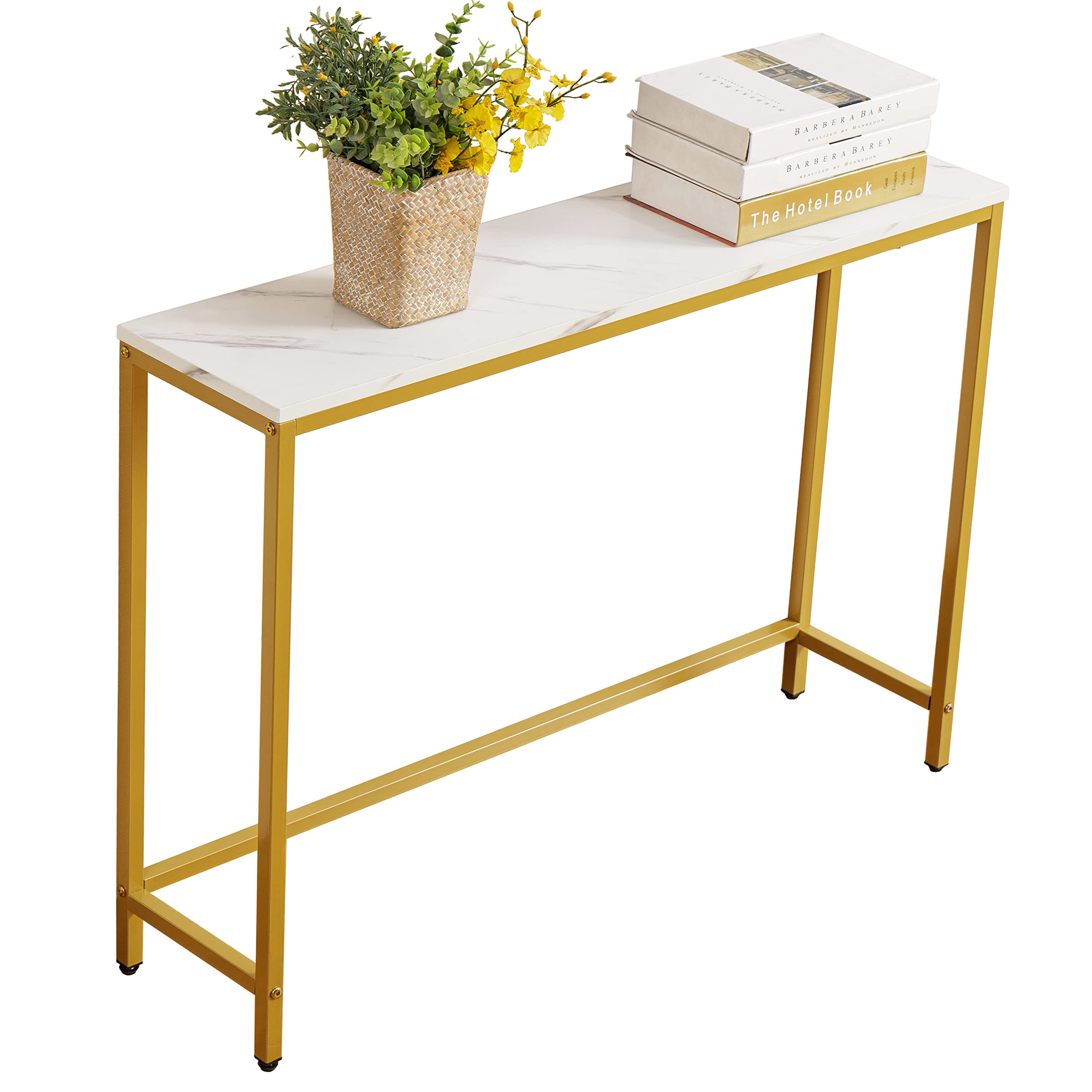 loglus Console Table for Entryway, Faux Marble MDF Indoors Sofa Table with Golden Frame for Small Rooms, Double Layer, White Marble, 9.45" D x 38.19" W x 29.72" H
