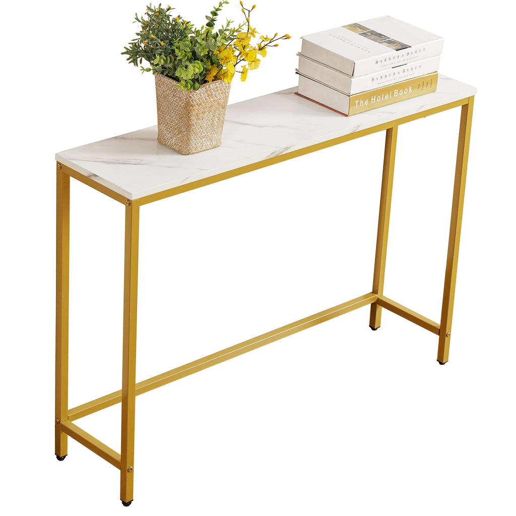 loglus Small Console Table for Entryway, Faux Marble MDF Sofa Table with Golden Frame, Single Layer, White Marble, 9.45" D x 38.19" W x 30" H