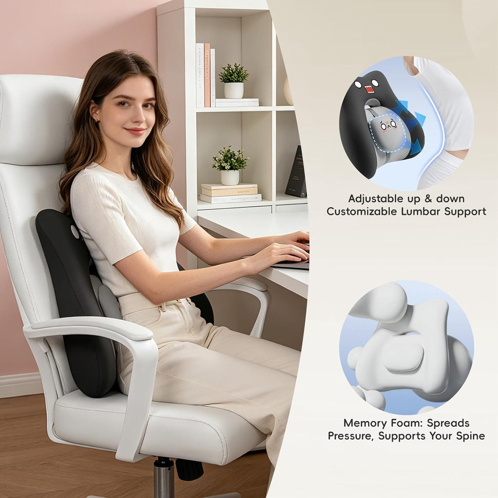Black Cartoon Ergonomic Memory Foam Lumbar Support Pillow for Car Office Chair Lower Back Pain Relief