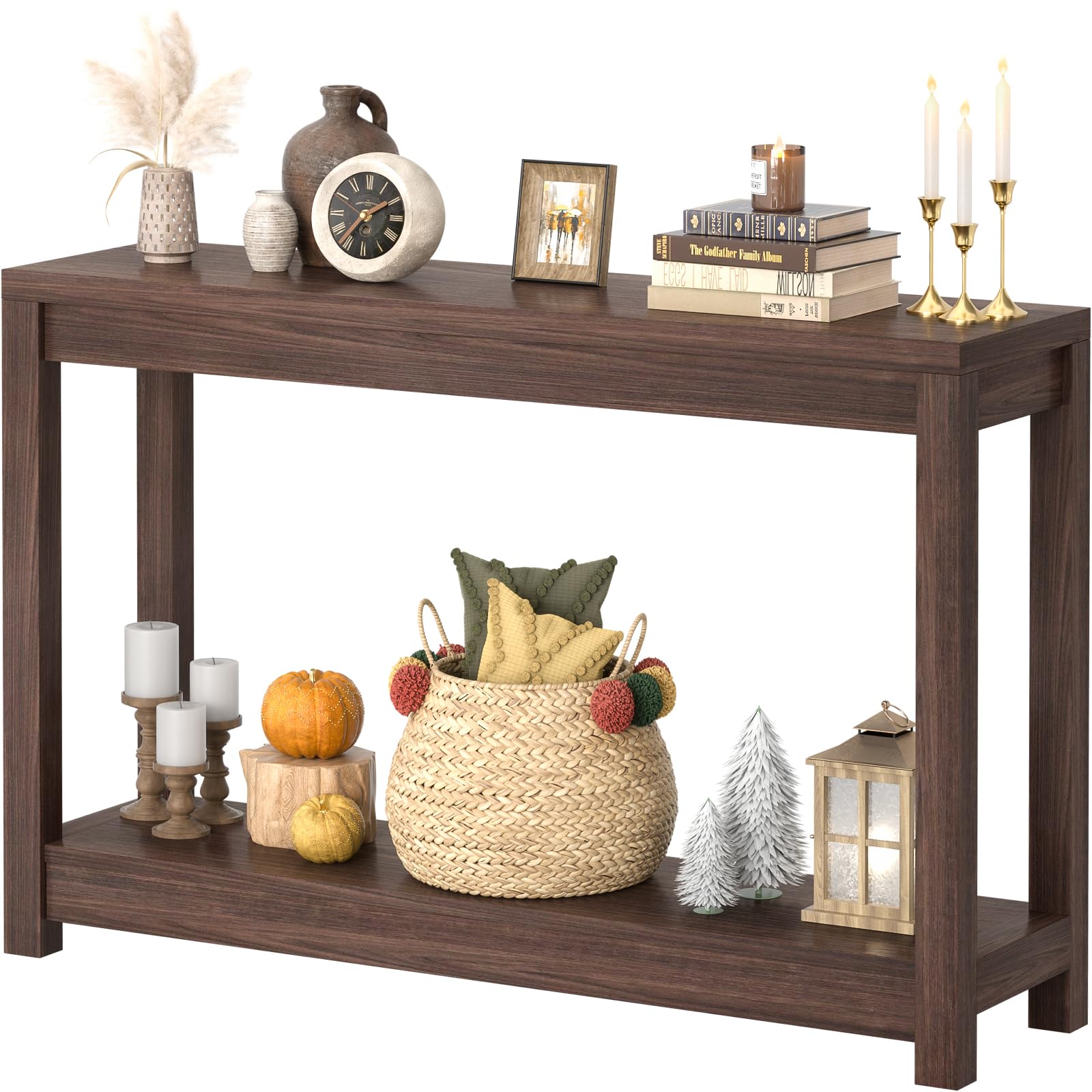 32" Washed Oak Farmhouse Narrow Console Table with Open Storage for Entryway Behind Sofa, Easy Assembly