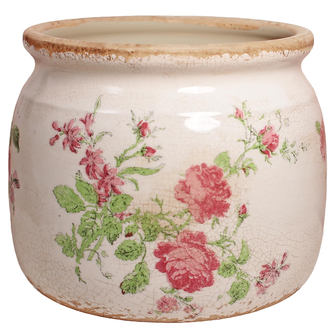 Decorative Pots Spring Decor, Pastel Floral Ceramic Garden Pots with Drainage, 6.29 Inch Pink Vintage Grandma Flower Pots for Indoor Plants & Succulent, Crackle Glaze Pottery Planters, Mom Gifts