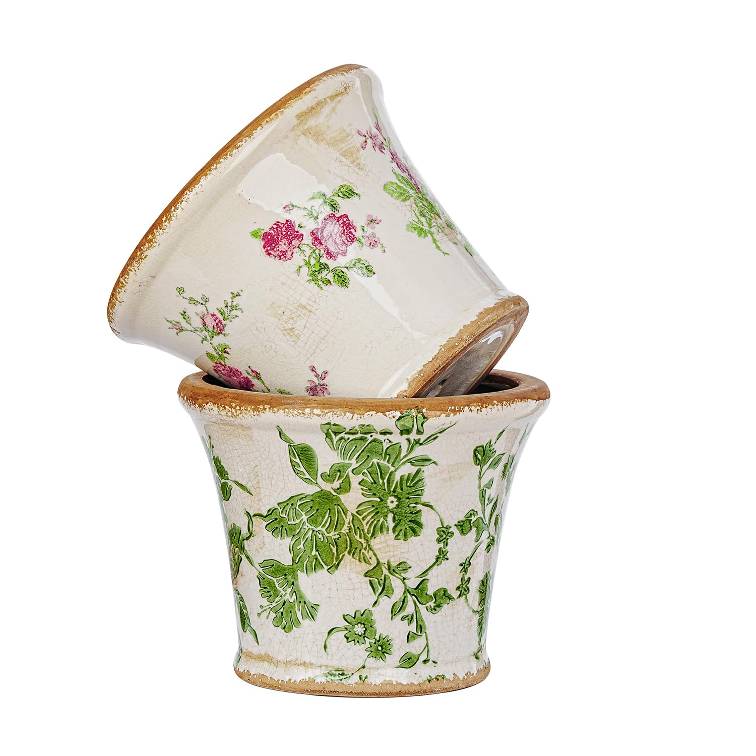 Sungmor Vintage Ceramic Planter Set of 2 - Decorative Indoor & Outdoor Flower Pots with Drainage Holes - Tuscan Décor Pots, 5.5" Ice Crackle Glaze Planters for Home, Kitchen, Patio, and Garden
