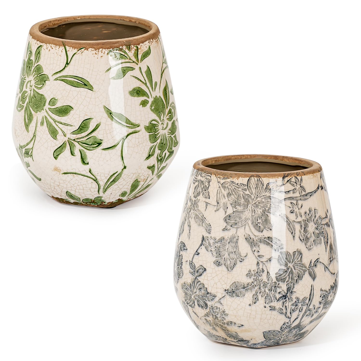 Sungmor Vintage Ceramic Planter Set of 2 - Decorative Indoor & Outdoor Flower Pots with Drainage Holes - Tuscan Décor Pots, 5.5" Ice Crackle Glaze Planters for Home, Kitchen, Patio, and Garden