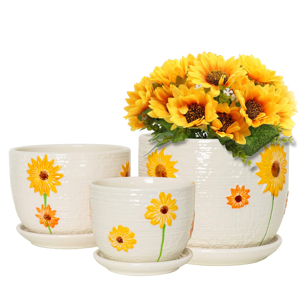 Ton Sin Ceramic Plant Pots for Indoor Houseplants, Cute Decorative Flower Planters with Drainage Holes & Matching Saucers, Hand-Painted Yellow Sunflower Design, 6.7/5.5/4.3 Inch Sizes