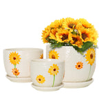 Ton Sin Ceramic Plant Pots for Indoor Houseplants, Cute Decorative Flower Planters with Drainage Holes & Matching Saucers, Hand-Painted Yellow Sunflower Design, 6.7/5.5/4.3 Inch Sizes