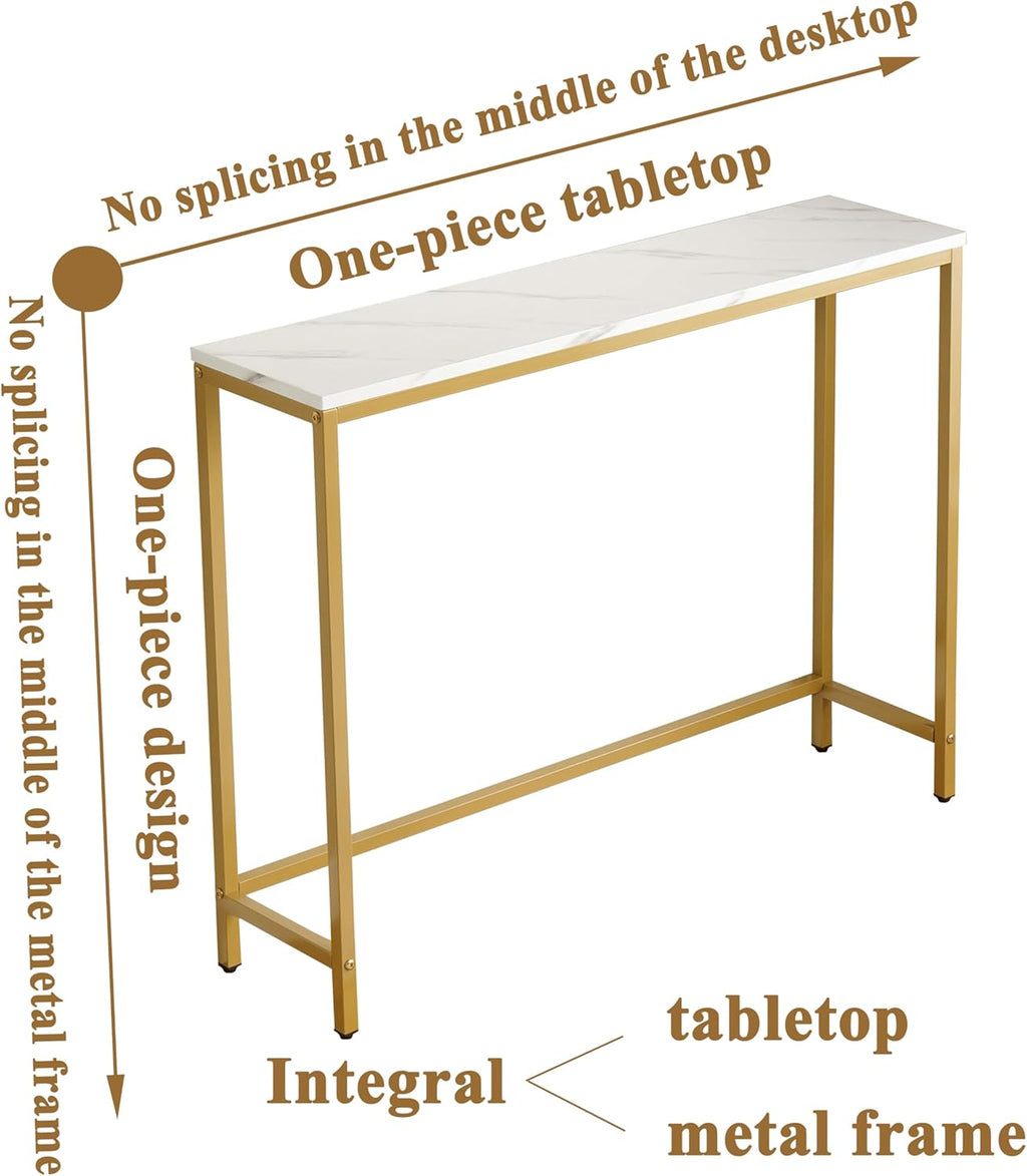 loglus Small Console Table for Entryway, Faux Marble MDF Sofa Table with Golden Frame, Single Layer, White Marble, 9.45" D x 38.19" W x 30" H
