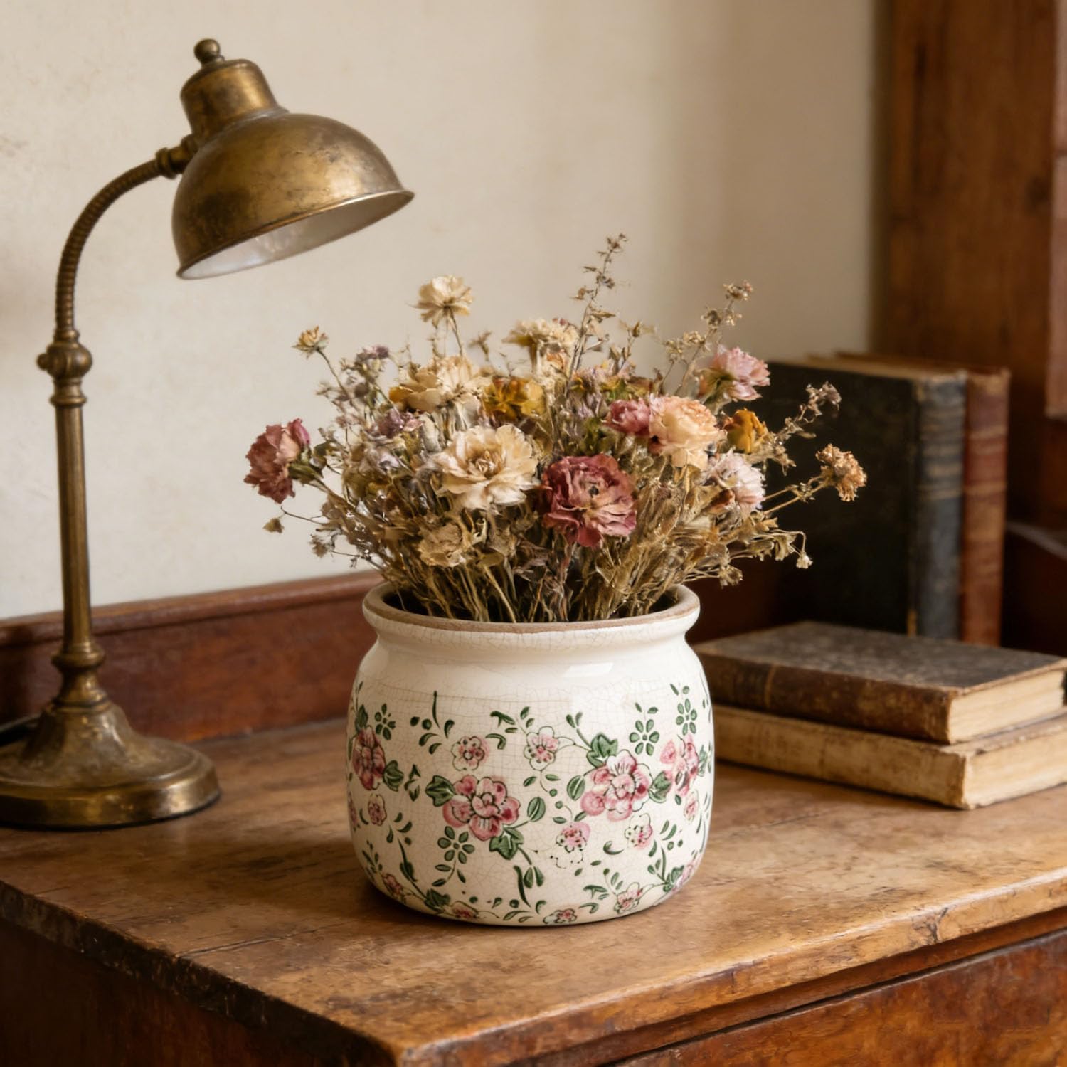 Flower Pots Planters for Indoor Plants Ceramic Plant Pots with Drainage 6.1 Inch Vintage Ceramic Pots for Plants Outdoor Home Garden Decor, Rustic Pink Camellia
