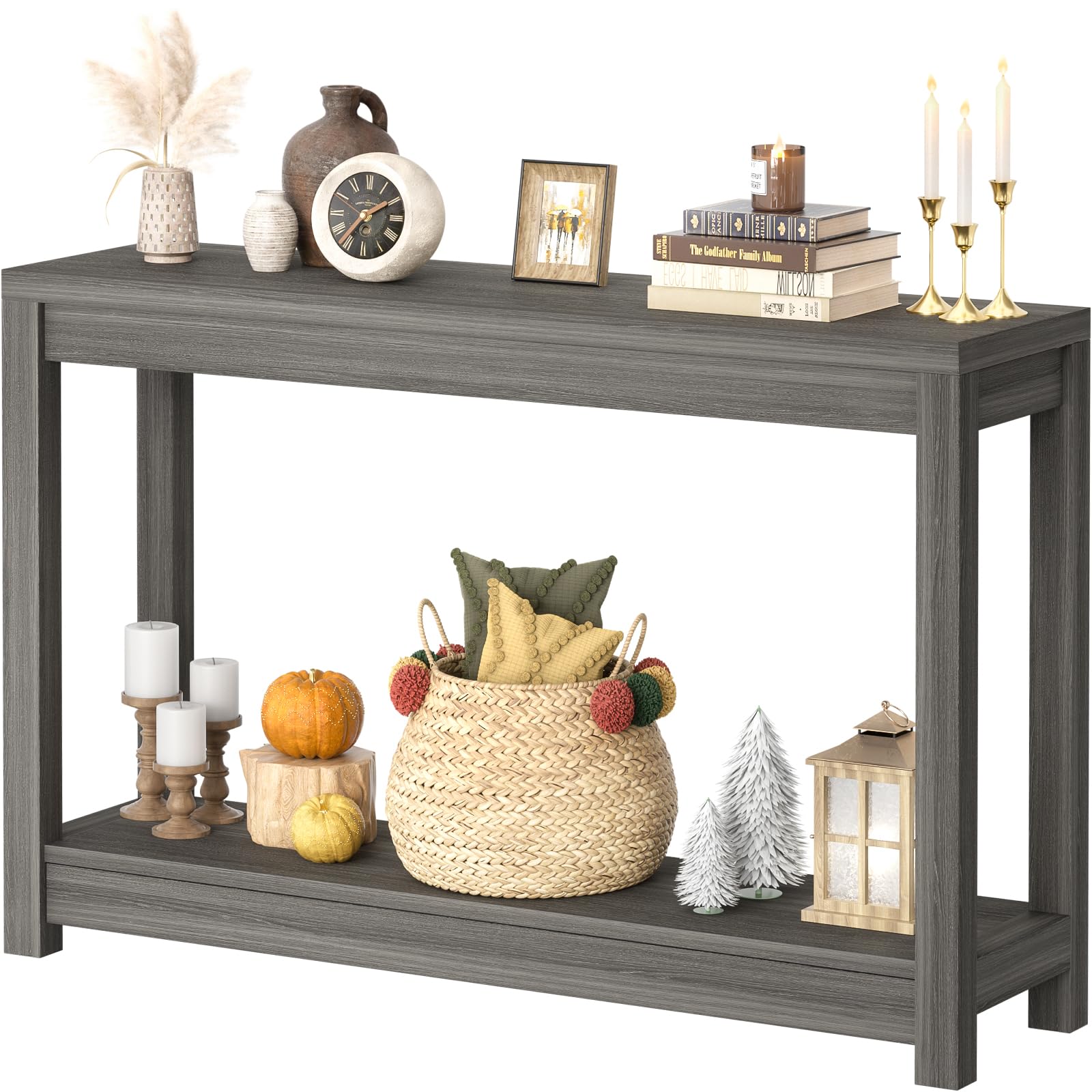 32" Washed Oak Farmhouse Narrow Console Table with Open Storage for Entryway Behind Sofa, Easy Assembly