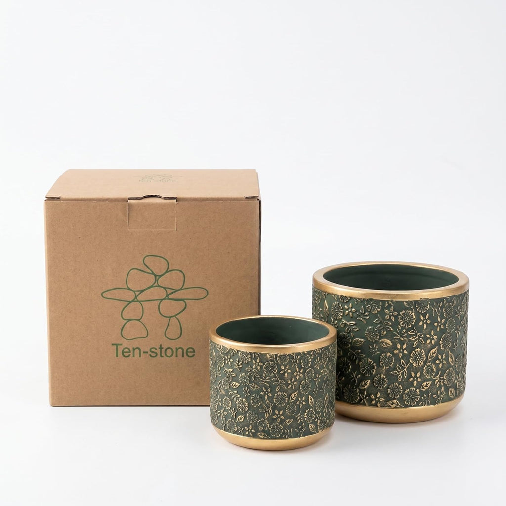 6 +4.4 Inch Cement Planter Decorative Pots with Drainage Hole for All House Plants, Succulents, Flowers, and Cactus (Green)