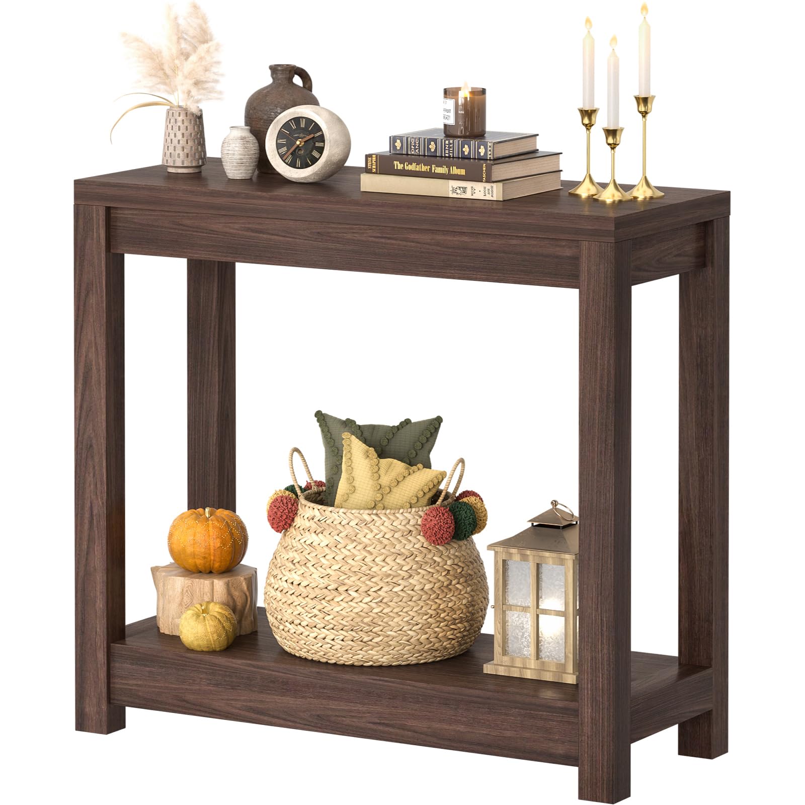 32" Washed Oak Farmhouse Narrow Console Table with Open Storage for Entryway Behind Sofa, Easy Assembly