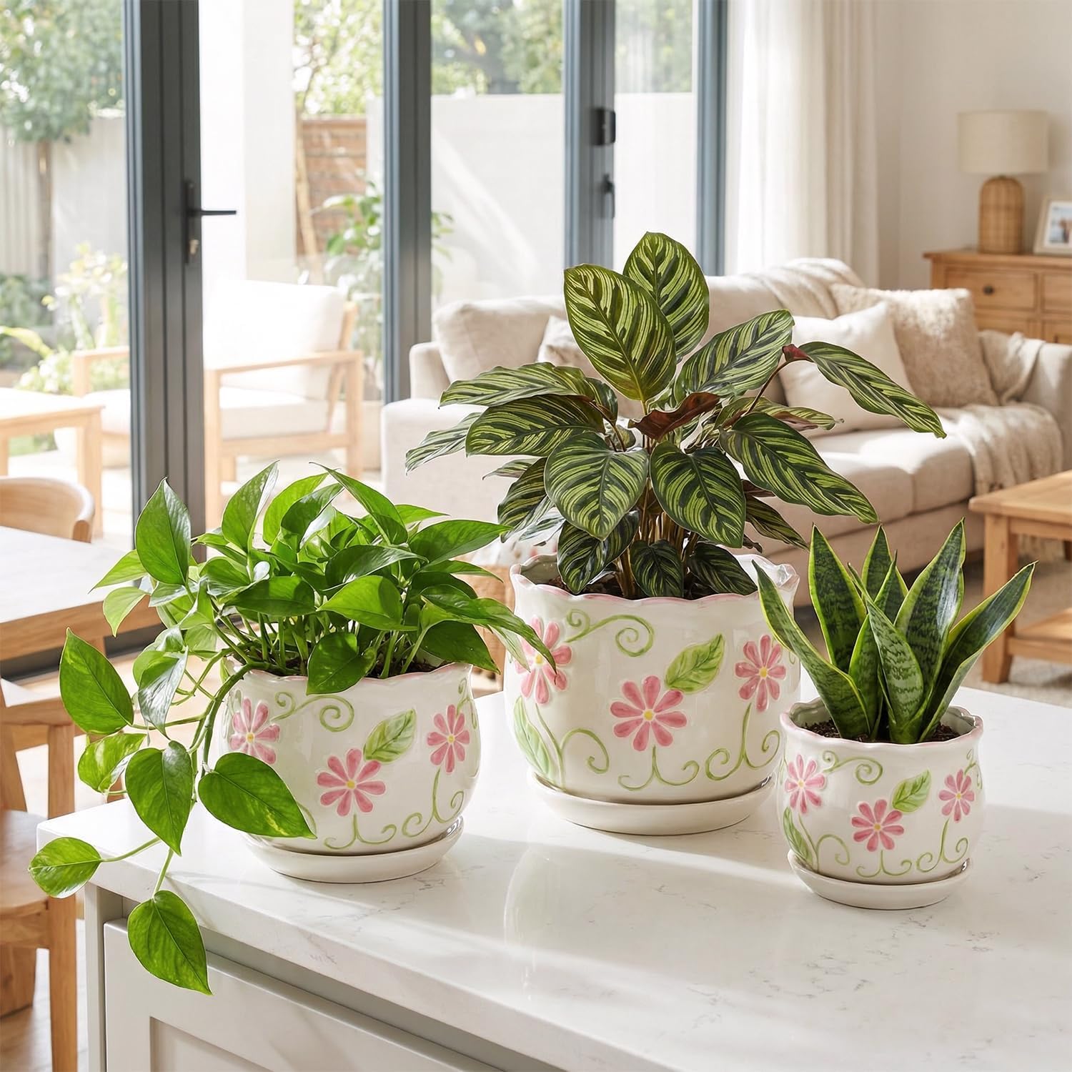 STHIE Pink Ceramic Flower Pots, 4"+5.2"+6.6" Inch Small Flower Pots for Indoor Plant with Drainage Hole,Modern Decorative Plant Pots Set of 3, Indoor Planters with Saucer