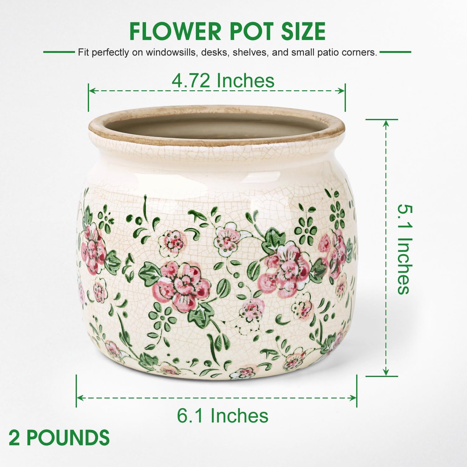 Flower Pots Planters for Indoor Plants Ceramic Plant Pots with Drainage 6.1 Inch Vintage Ceramic Pots for Plants Outdoor Home Garden Decor, Rustic Pink Camellia