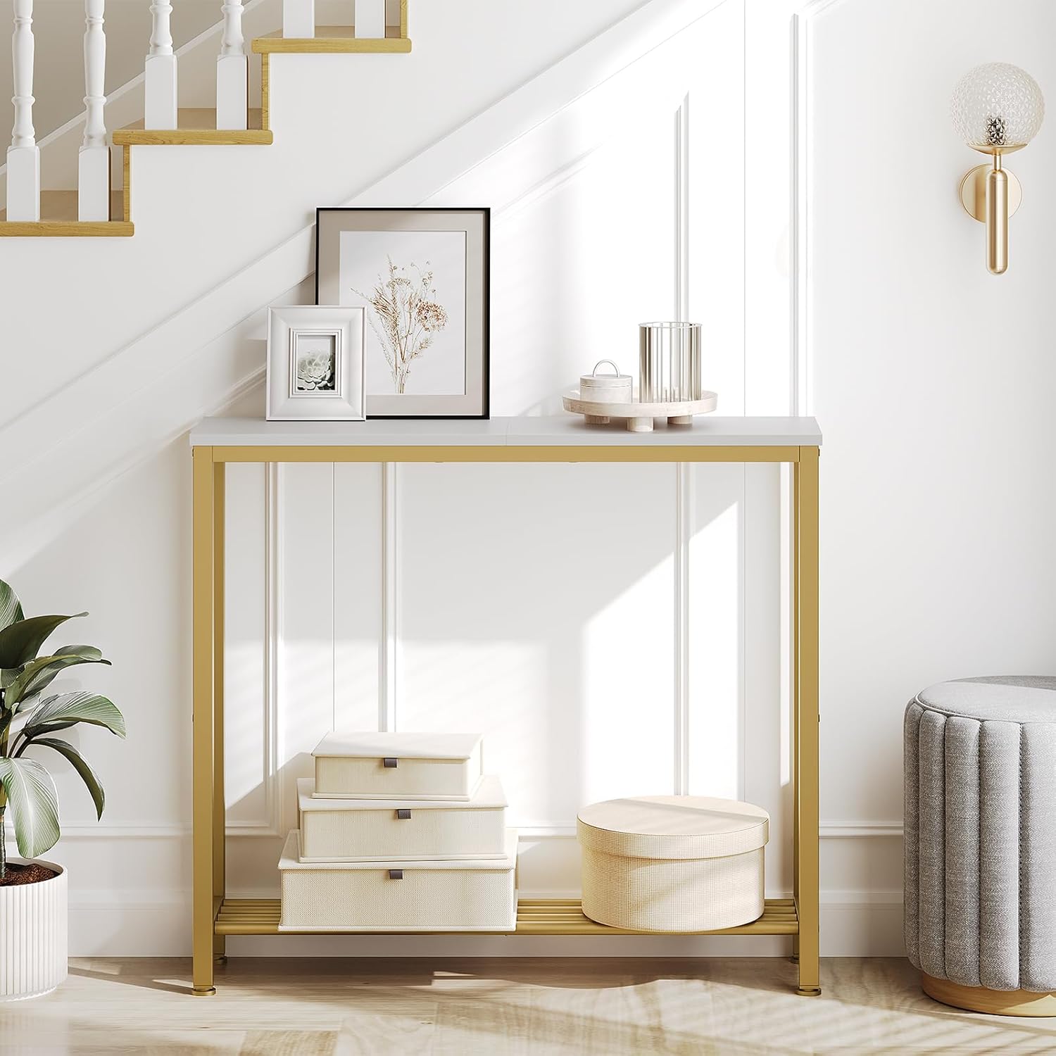 YATINEY Narrow Console Table, 2-Tier Small Sofa Table, 29.5" Thin Entryway Behind Couch Table with Shelves, Industrial Hallway Table, for Living Room, Foyer, White and Gold CT03DW