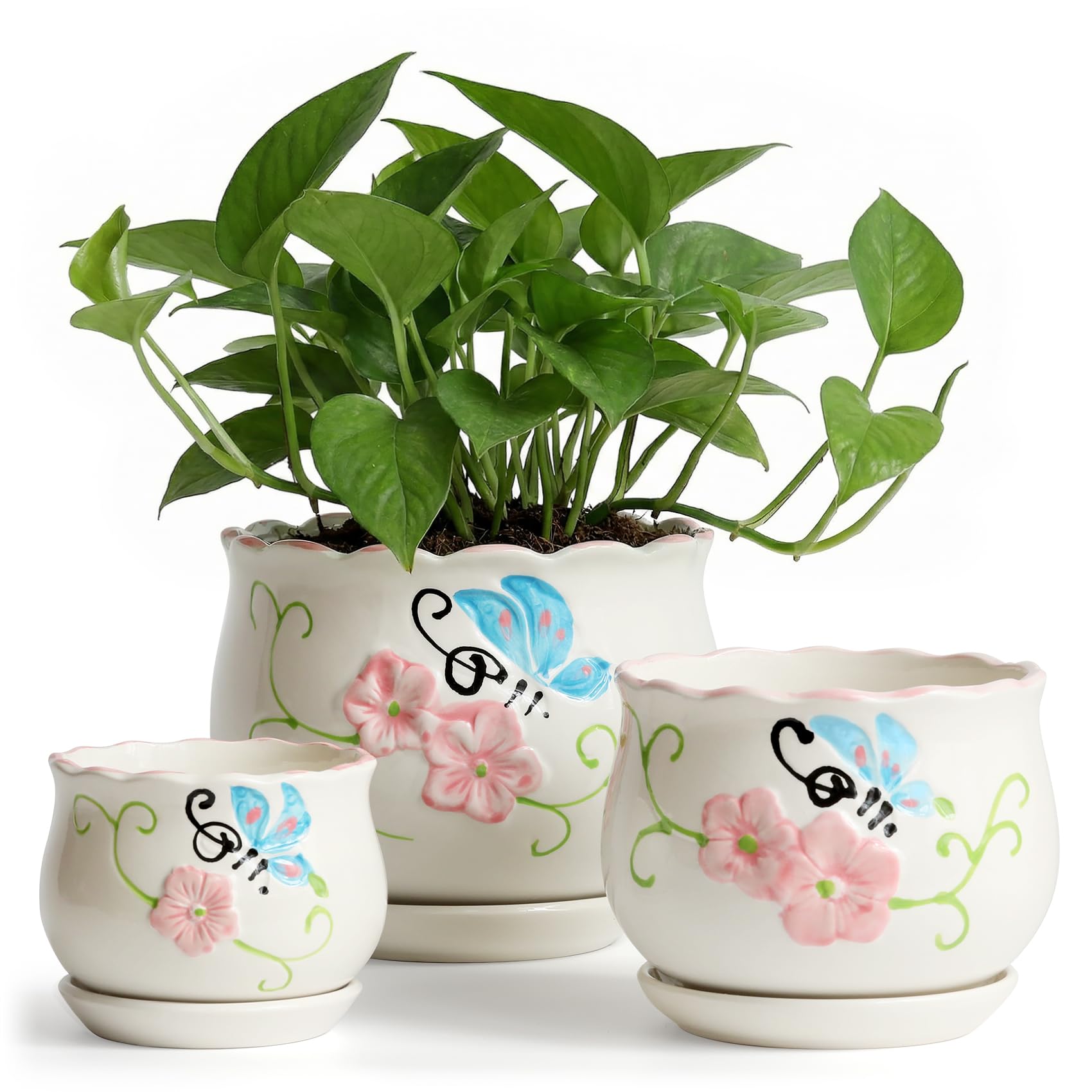 STHIE Pink Ceramic Flower Pots, 4"+5.2"+6.6" Inch Small Flower Pots for Indoor Plant with Drainage Hole,Modern Decorative Plant Pots Set of 3, Indoor Planters with Saucer