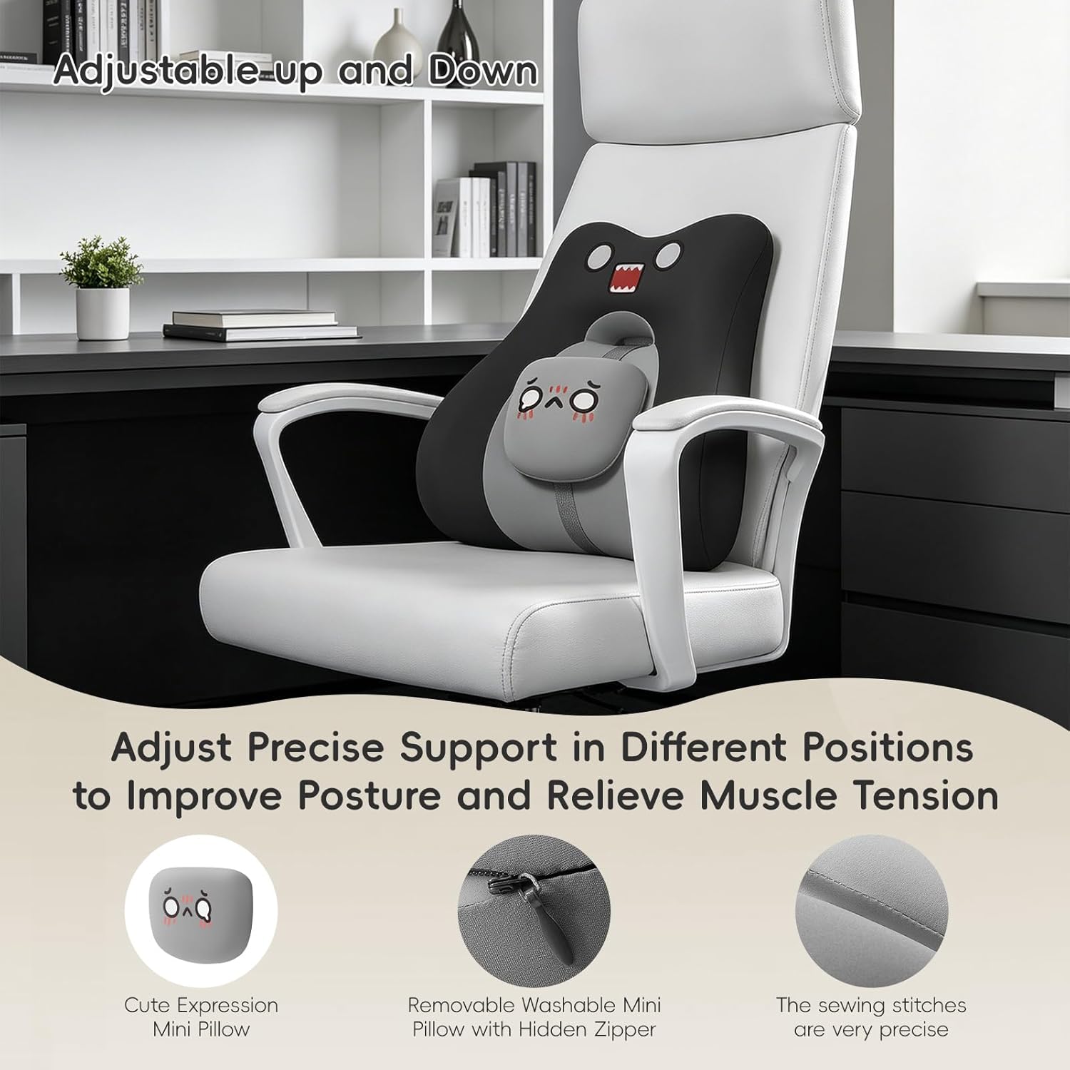 Black Cartoon Ergonomic Memory Foam Lumbar Support Pillow for Car Office Chair Lower Back Pain Relief