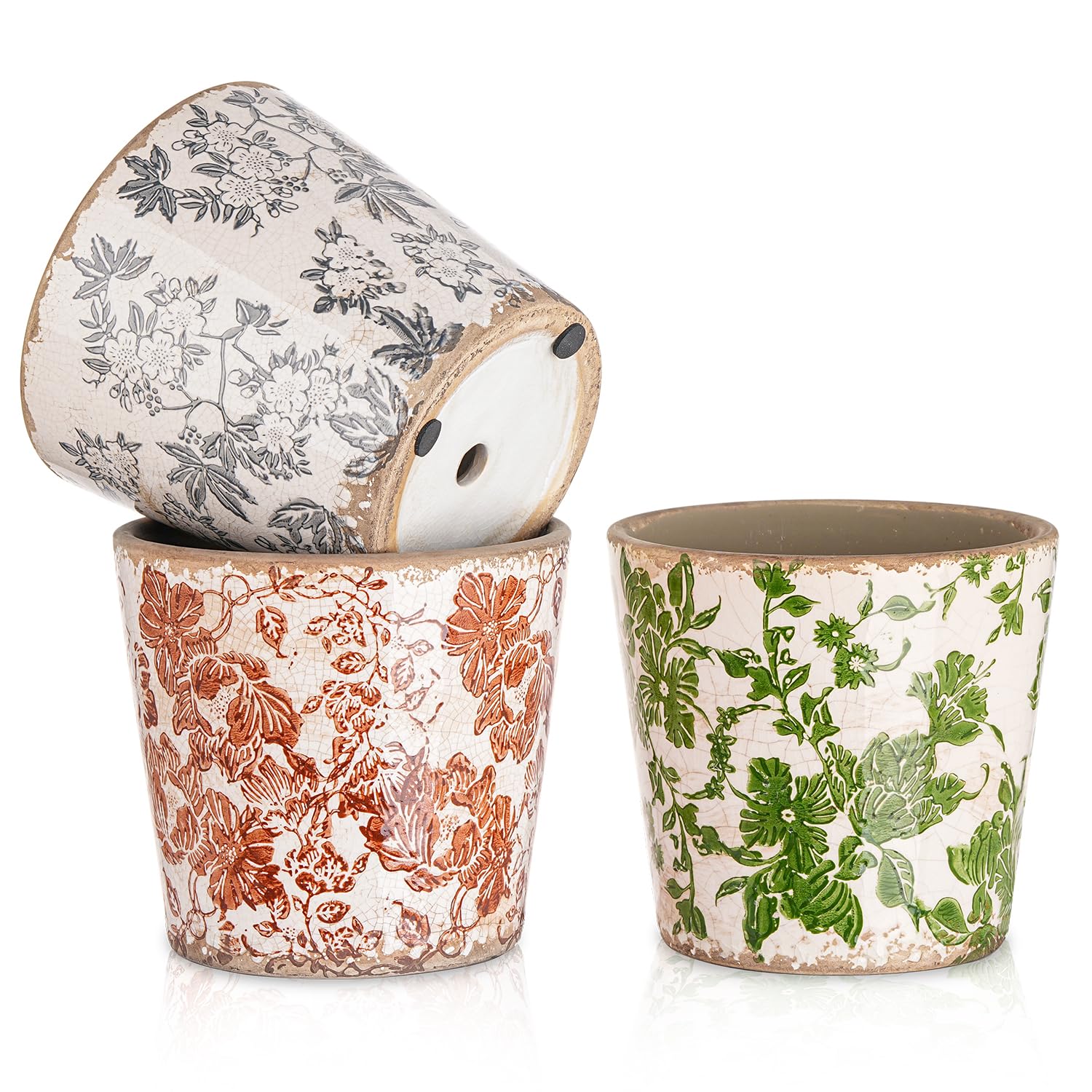 Sungmor Vintage Ceramic Planter Set of 2 - Decorative Indoor & Outdoor Flower Pots with Drainage Holes - Tuscan Décor Pots, 5.5" Ice Crackle Glaze Planters for Home, Kitchen, Patio, and Garden
