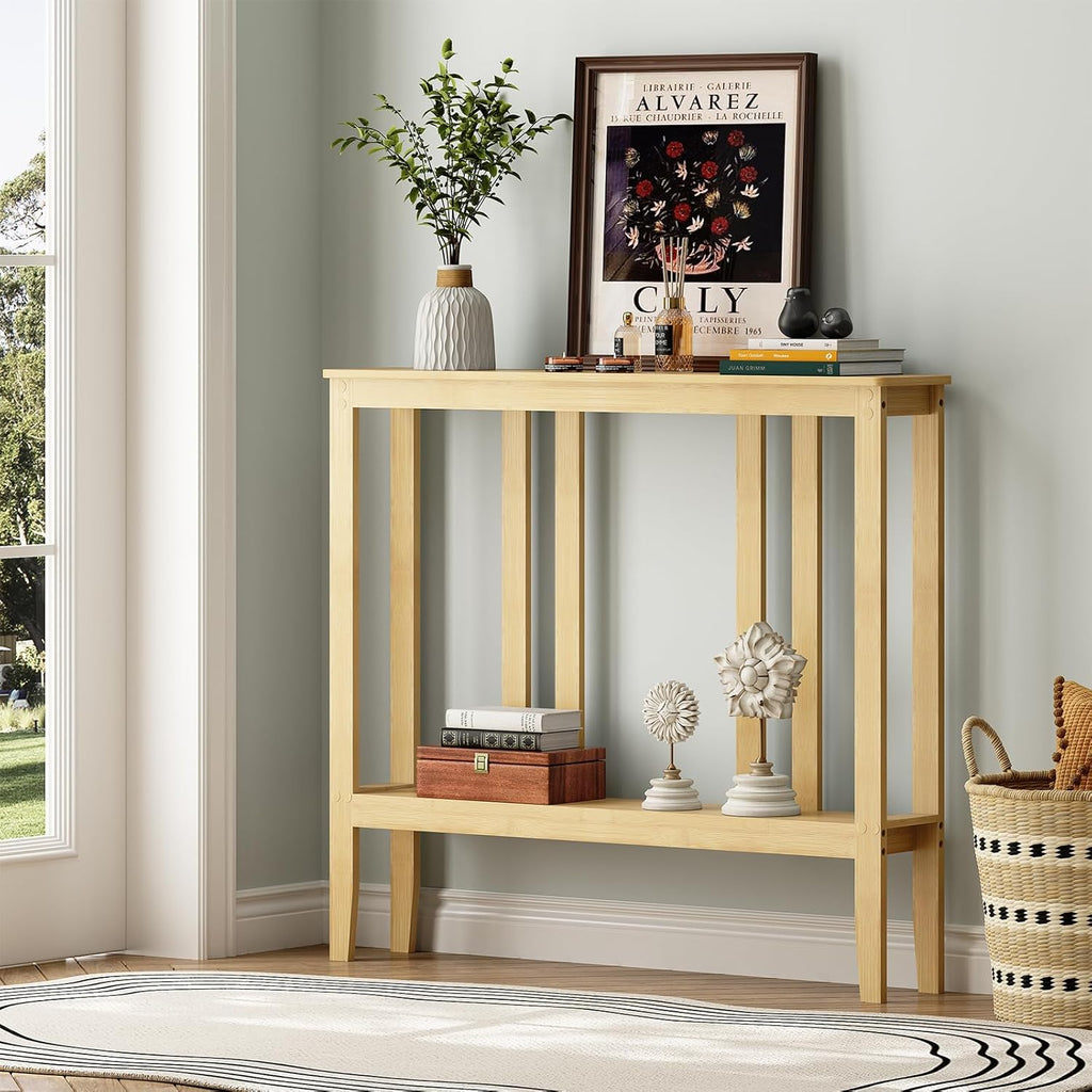ELYKEN Bamboo 2-Tier Narrow Console Table, 36.2" Long Slim Sofa Table Behind Couch for Entryway, Hallway, Living Room, Natural