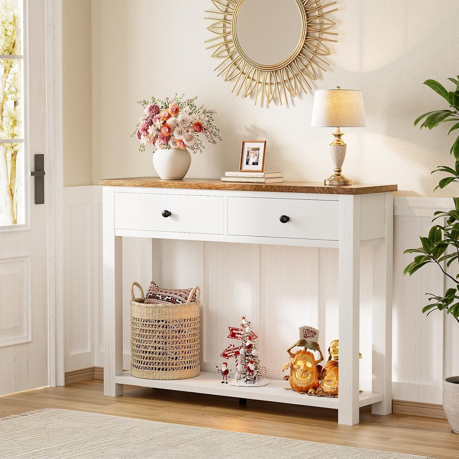 Homieasy Farmhouse Console Table with 2 Drawers, 32 Inch Small Sofa Table with Storage Shelf for Living Room, Behind Couch, Entryway Table for Hallway, Living Room, or Foyer, Brown and Antique White