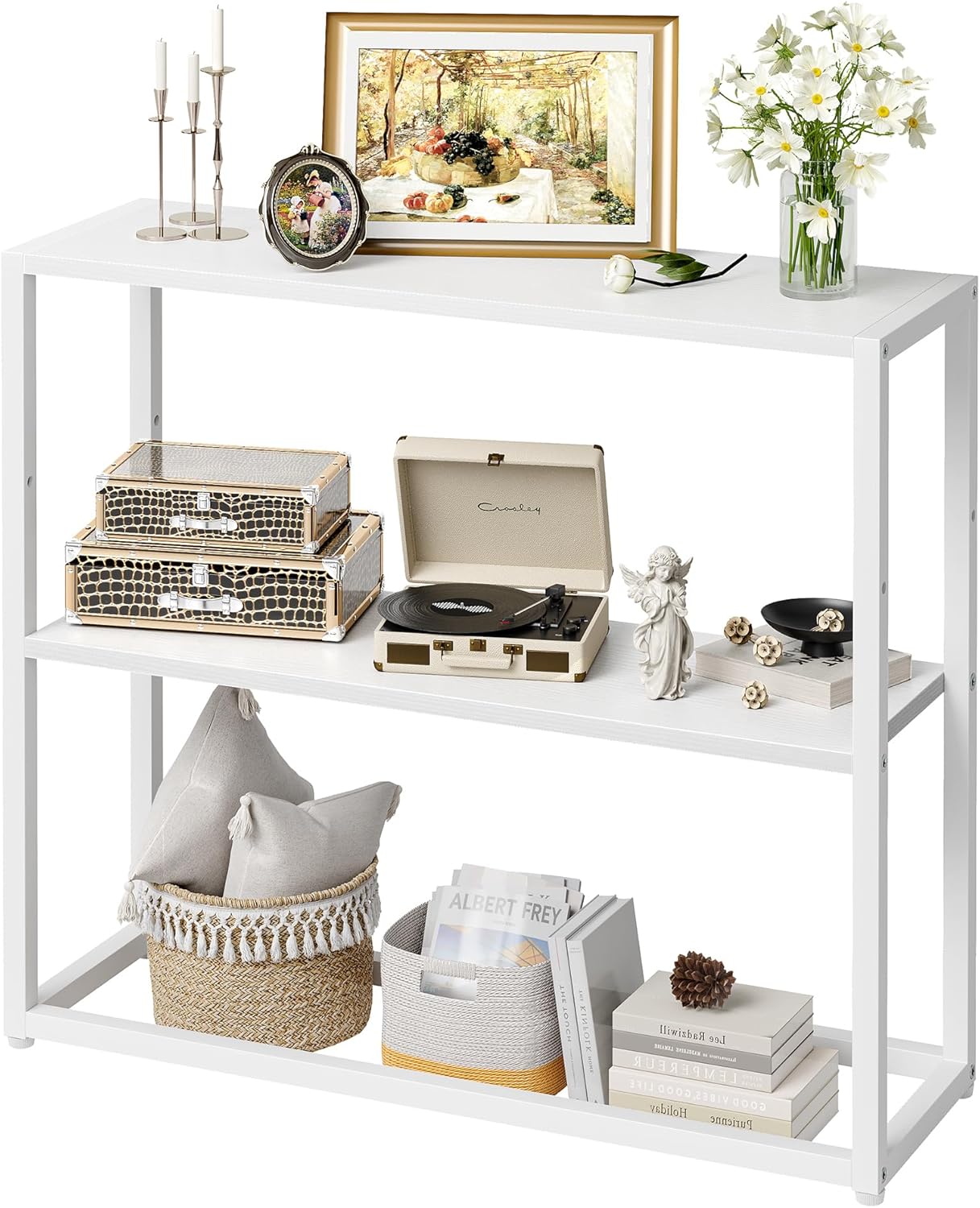 TIQLAB 29.5" Narrow Console Table with Shelves, White
