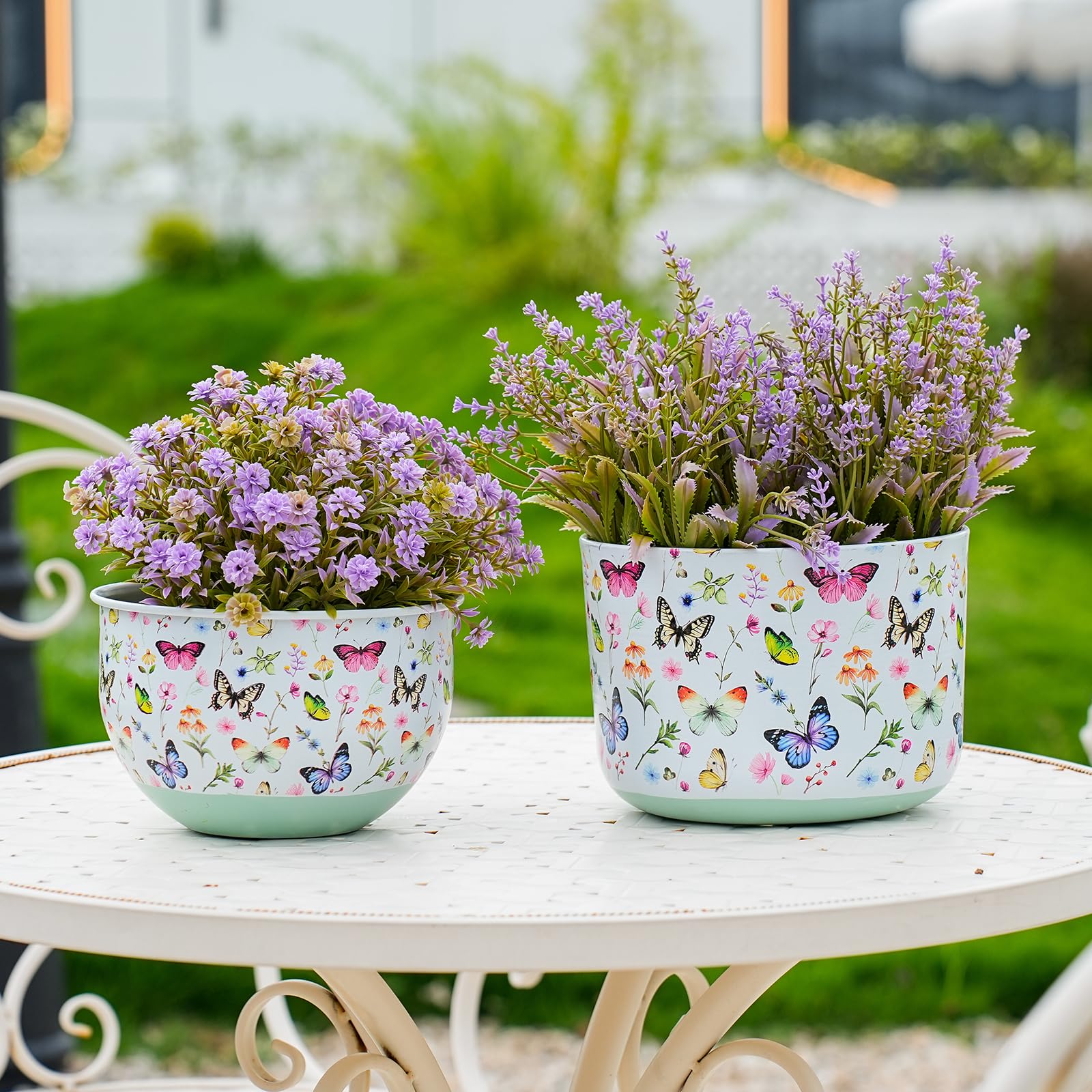 Joint Honglin Butterfly & Bee Metal Planters Set of 2 – Decorative Flower Pots with Colorful Garden Prints, Outdoor & Indoor Use Cute Spring Floral Design for Patio, Balcony, Home Decor (Butterfly)