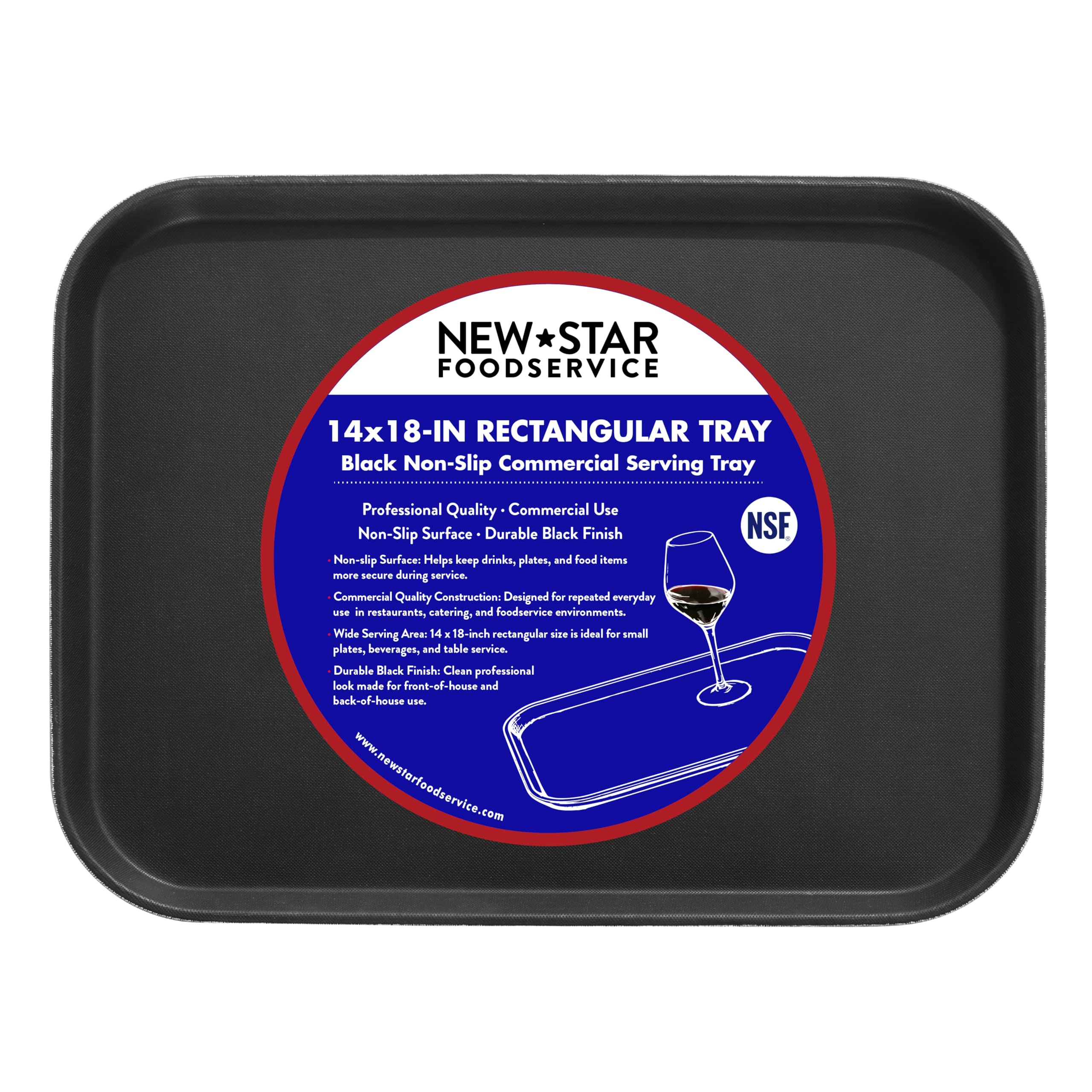 New Star Foodservice Restaurant Grade Non-Slip Tray, Plastic, Rubber Lined, Rectangular, 10-Inch x 14-Inch, Black
