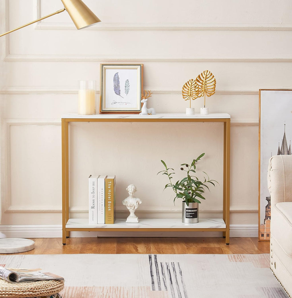 loglus Console Table for Entryway, Faux Marble MDF Indoors Sofa Table with Golden Frame for Small Rooms, Double Layer, White Marble, 9.45" D x 38.19" W x 29.72" H