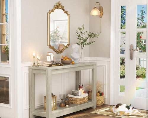 32" Washed Oak Farmhouse Narrow Console Table with Open Storage for Entryway Behind Sofa, Easy Assembly