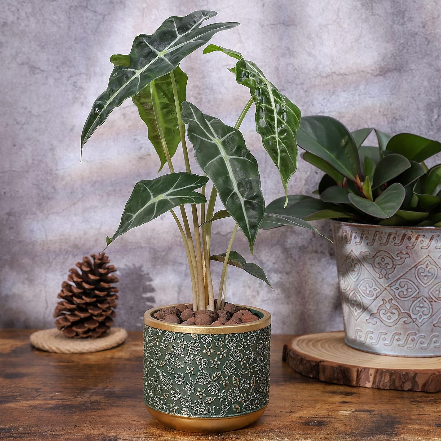 6 +4.4 Inch Cement Planter Decorative Pots with Drainage Hole for All House Plants, Succulents, Flowers, and Cactus (Green)