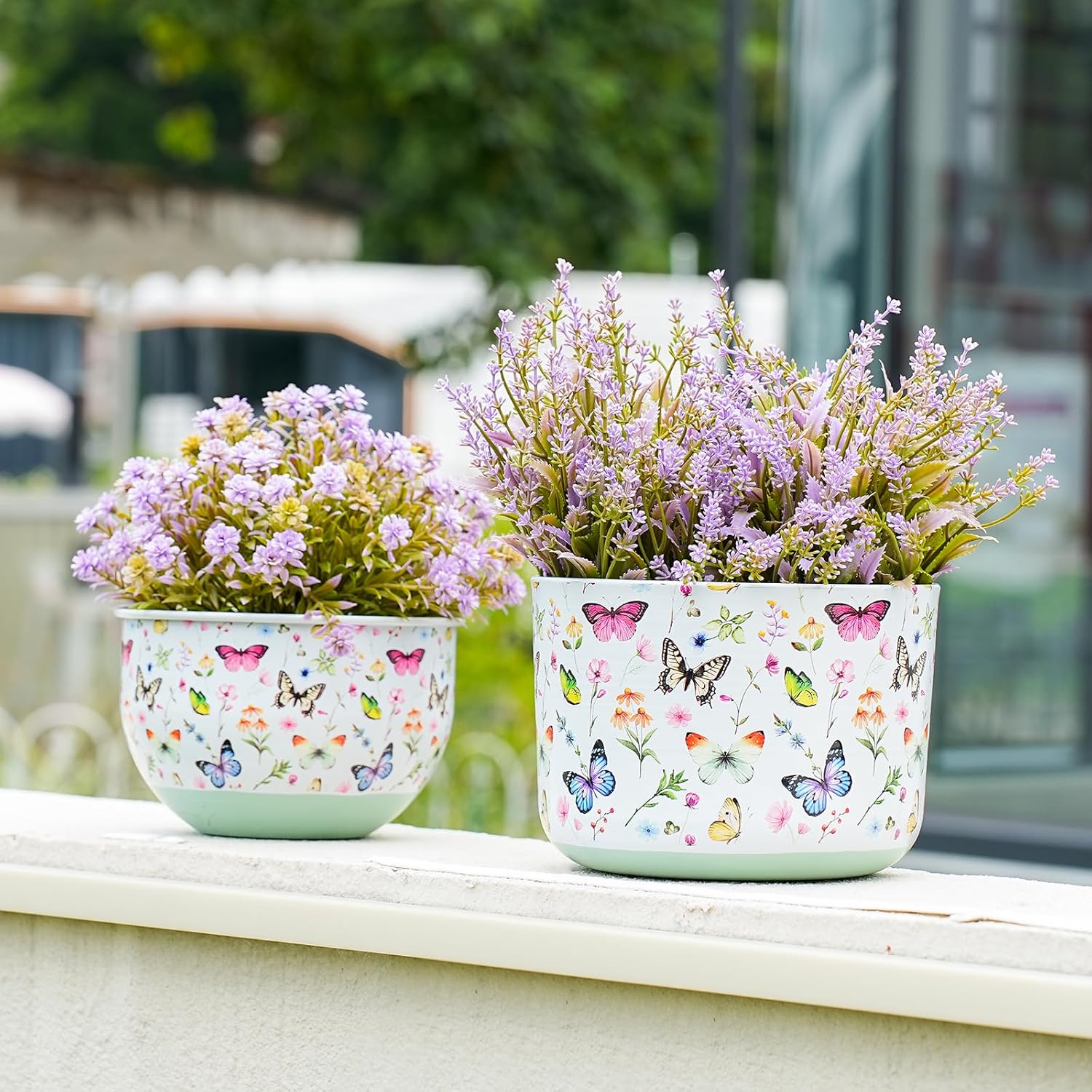 Joint Honglin Butterfly & Bee Metal Planters Set of 2 – Decorative Flower Pots with Colorful Garden Prints, Outdoor & Indoor Use Cute Spring Floral Design for Patio, Balcony, Home Decor (Butterfly)