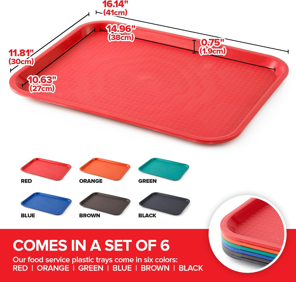 Stock Your Home Large Plastic Serving Trays for Fast Food (Set of 6) 16” x 12” Multicolor Cafeteria Tray for Lunch, Restaurant, Café, Craft Service Carts