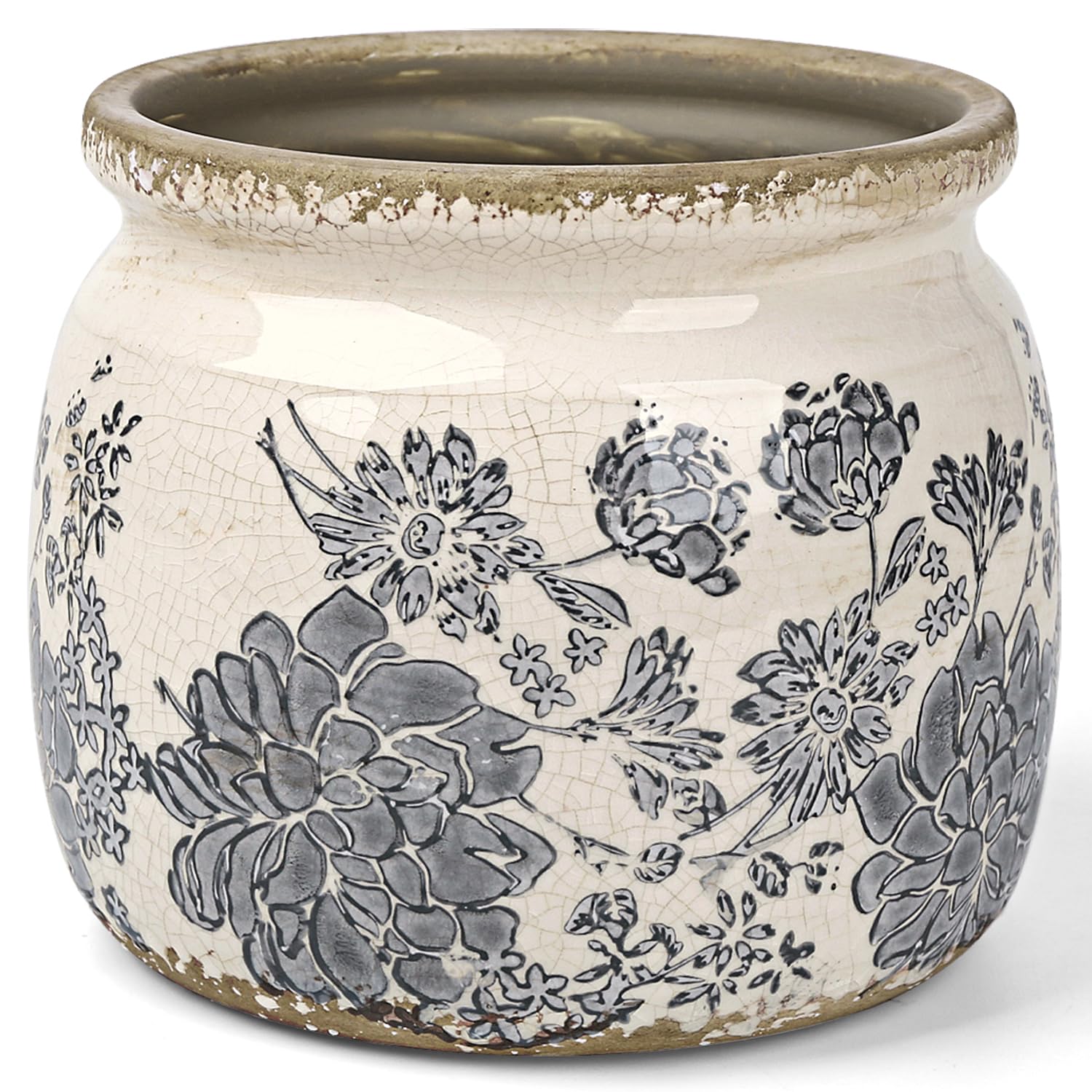 Flower Pots Planters for Indoor Plants Ceramic Plant Pots with Drainage 6.1 Inch Vintage Ceramic Pots for Plants Outdoor Home Garden Decor, Rustic Pink Camellia