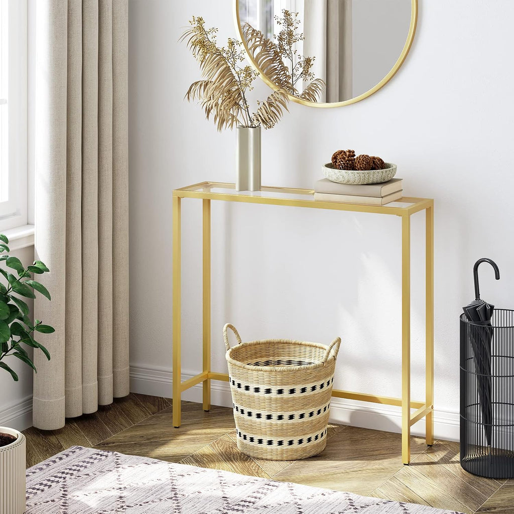 HOOBRO 29.5" Narrow Console Table, Modern Sofa Table Behind Couch, Tempered Glass Entryway Table, Small Side Table for Entrance, Living Room, Foyer, Hallway, Bedroom, Gold GD07XG01