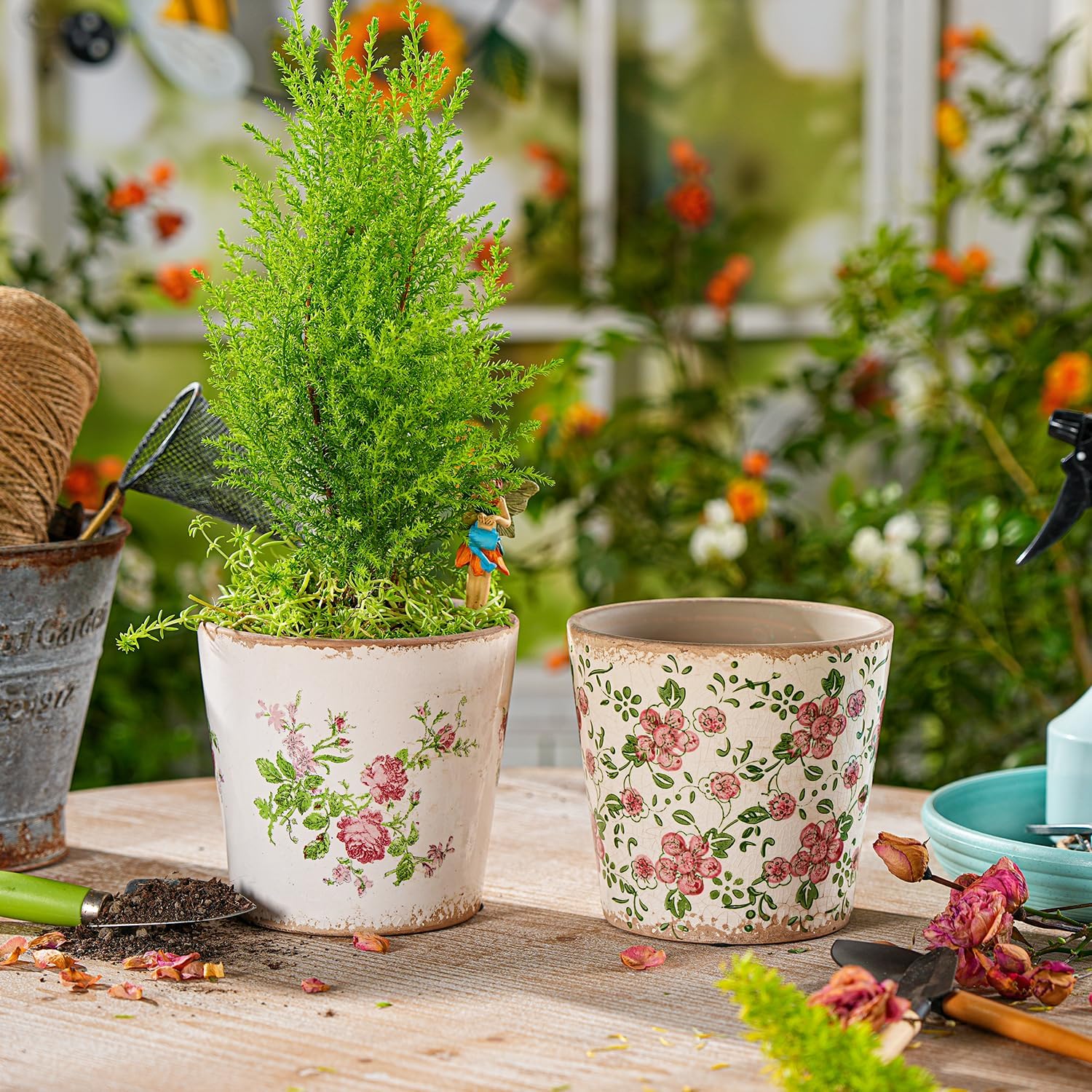 Sungmor Vintage Ceramic Planter Set of 2 - Decorative Indoor & Outdoor Flower Pots with Drainage Holes - Tuscan Décor Pots, 5.5" Ice Crackle Glaze Planters for Home, Kitchen, Patio, and Garden