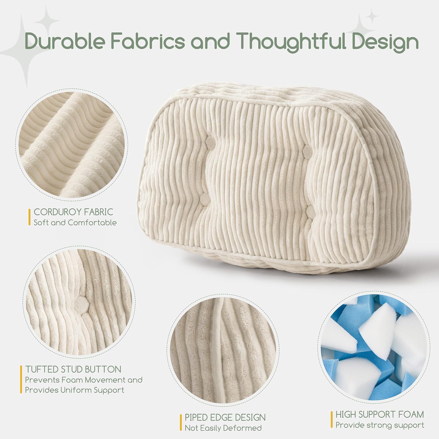 HIGOGOGO Lumbar Support Pillow for Recliner Chair/Accent Chair/Couch/Office Chair, Tufted Corduroy Back Support Cushion for Elderly, Recliner Cushions for Back Rest, Pain Relief, Reading, Beige
