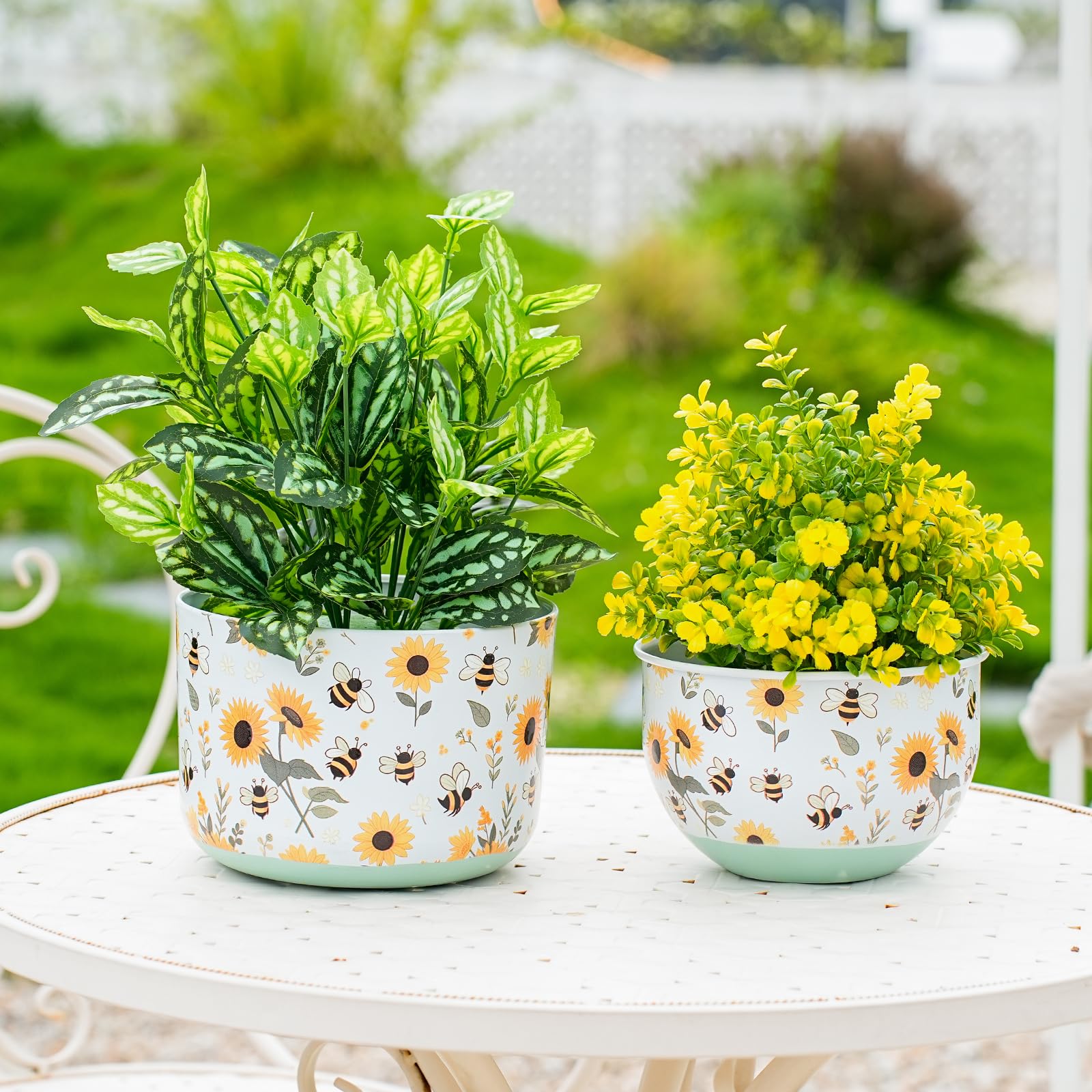 Joint Honglin Butterfly & Bee Metal Planters Set of 2 – Decorative Flower Pots with Colorful Garden Prints, Outdoor & Indoor Use Cute Spring Floral Design for Patio, Balcony, Home Decor (Butterfly)