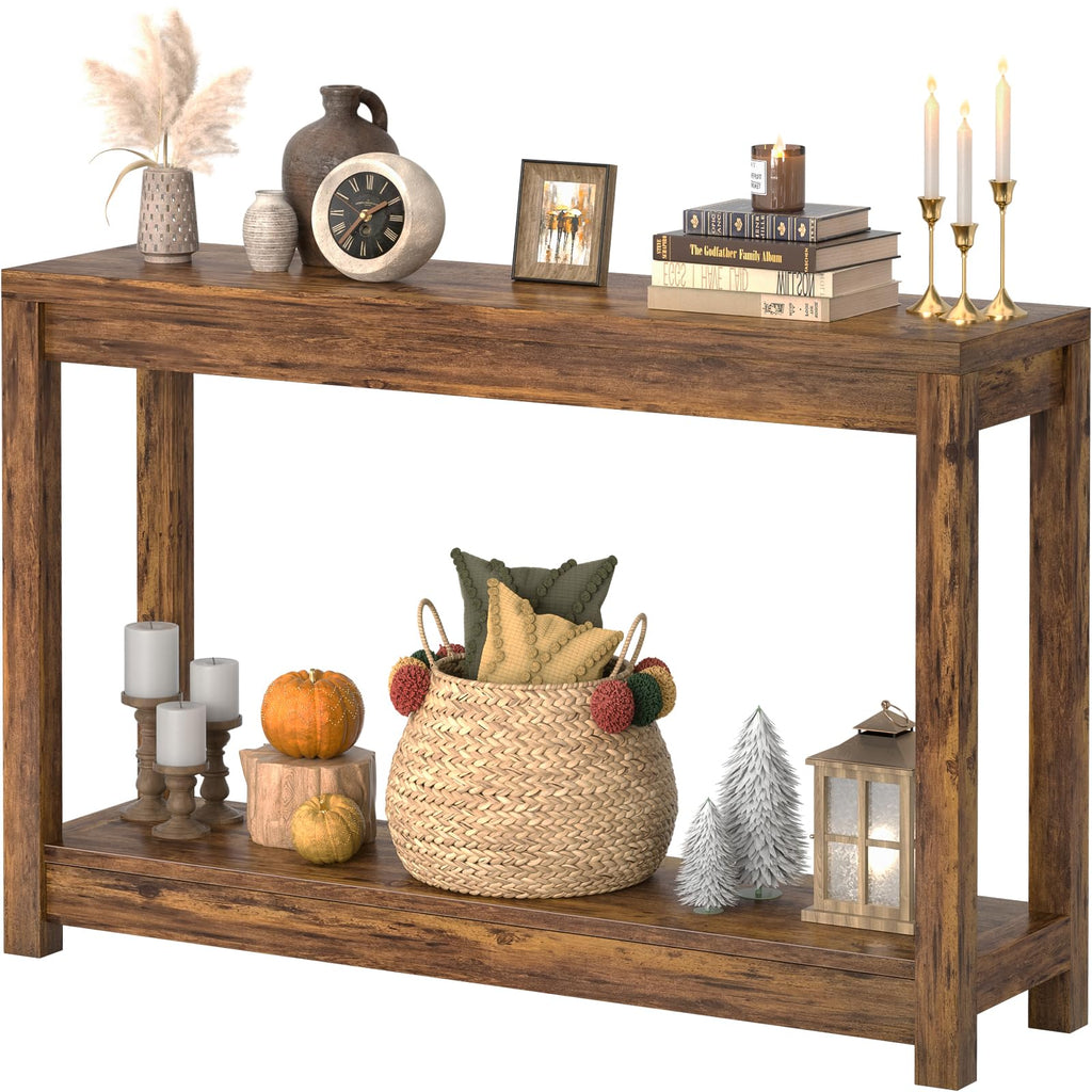 32" Washed Oak Farmhouse Narrow Console Table with Open Storage for Entryway Behind Sofa, Easy Assembly