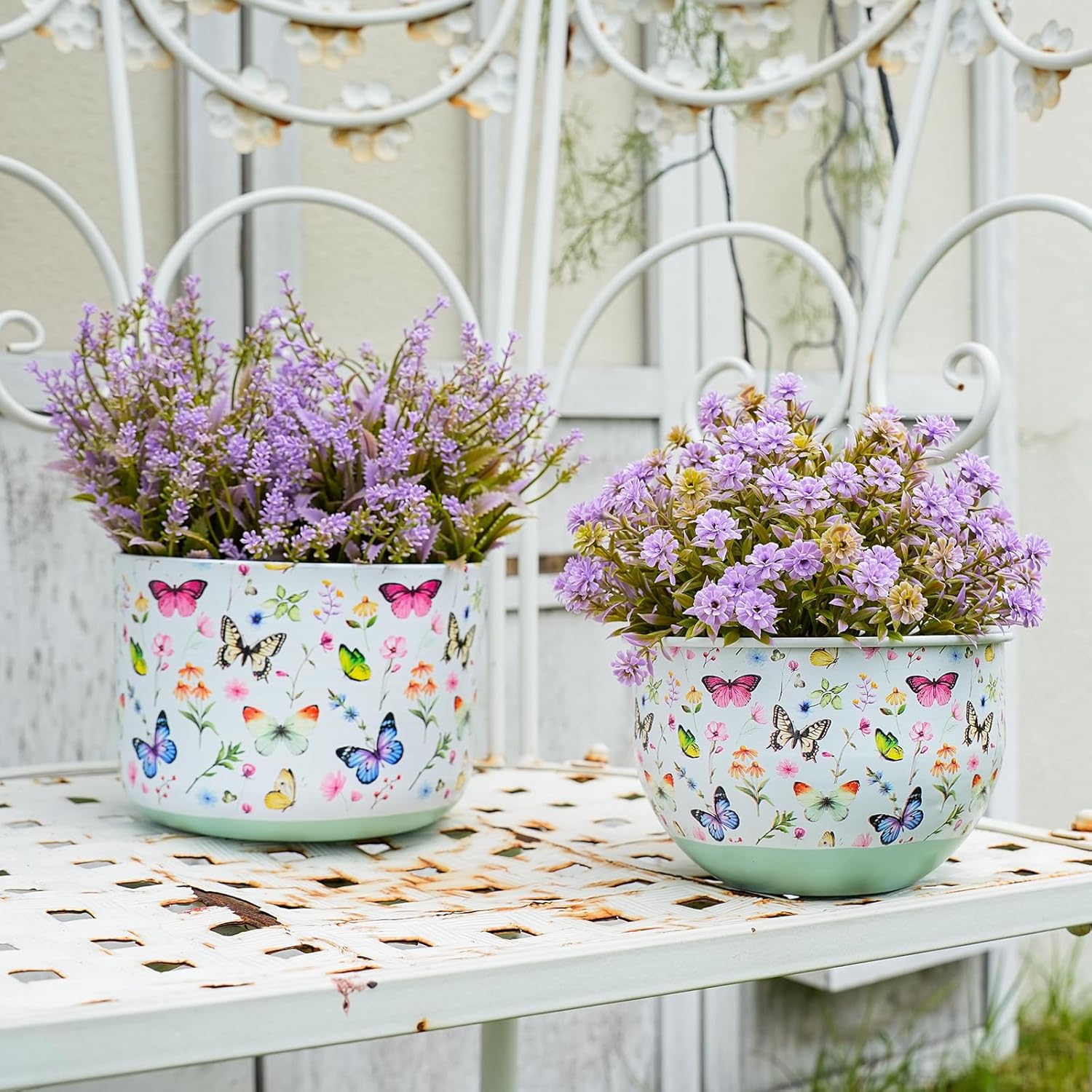 Joint Honglin Butterfly & Bee Metal Planters Set of 2 – Decorative Flower Pots with Colorful Garden Prints, Outdoor & Indoor Use Cute Spring Floral Design for Patio, Balcony, Home Decor (Butterfly)