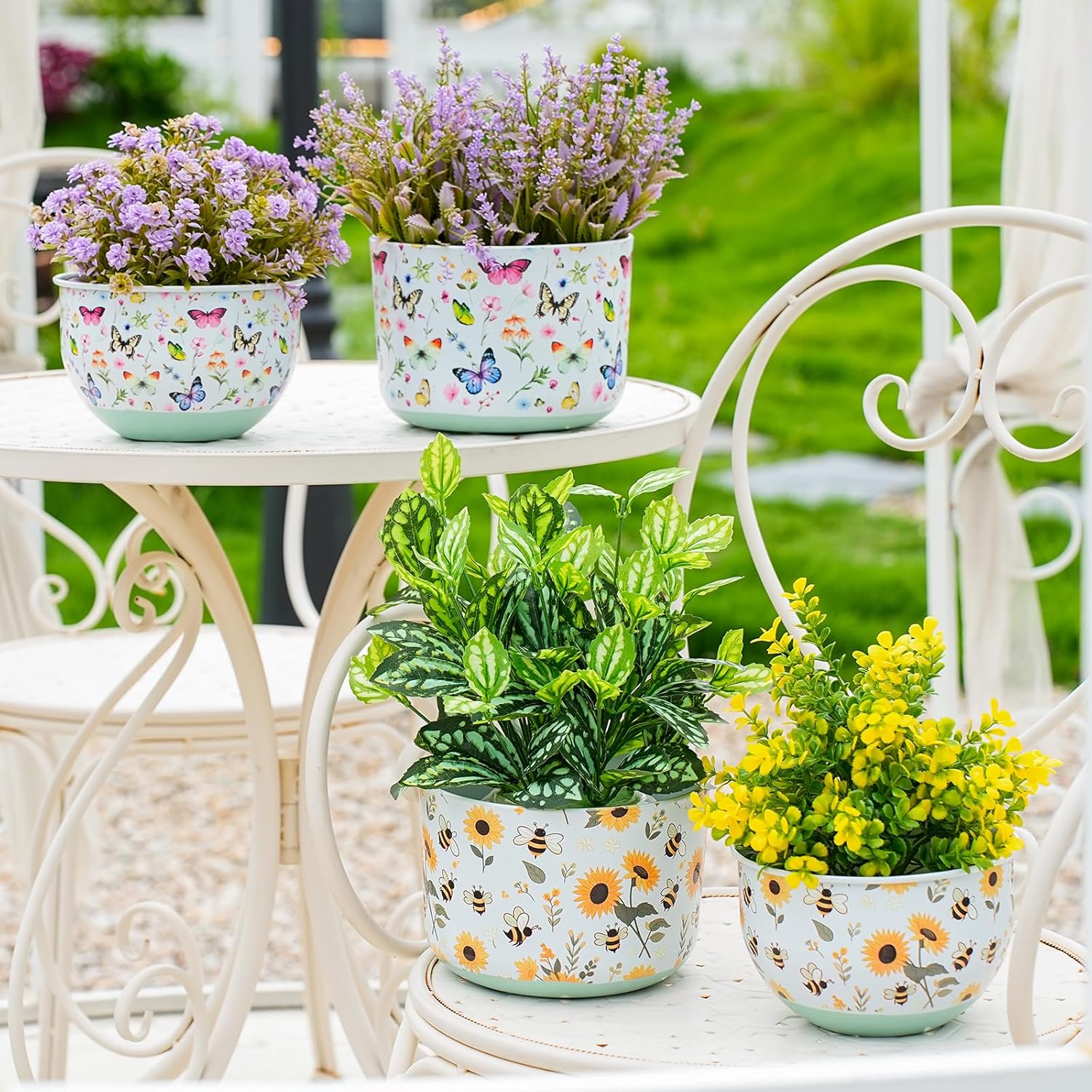 Joint Honglin Butterfly & Bee Metal Planters Set of 2 – Decorative Flower Pots with Colorful Garden Prints, Outdoor & Indoor Use Cute Spring Floral Design for Patio, Balcony, Home Decor (Butterfly)